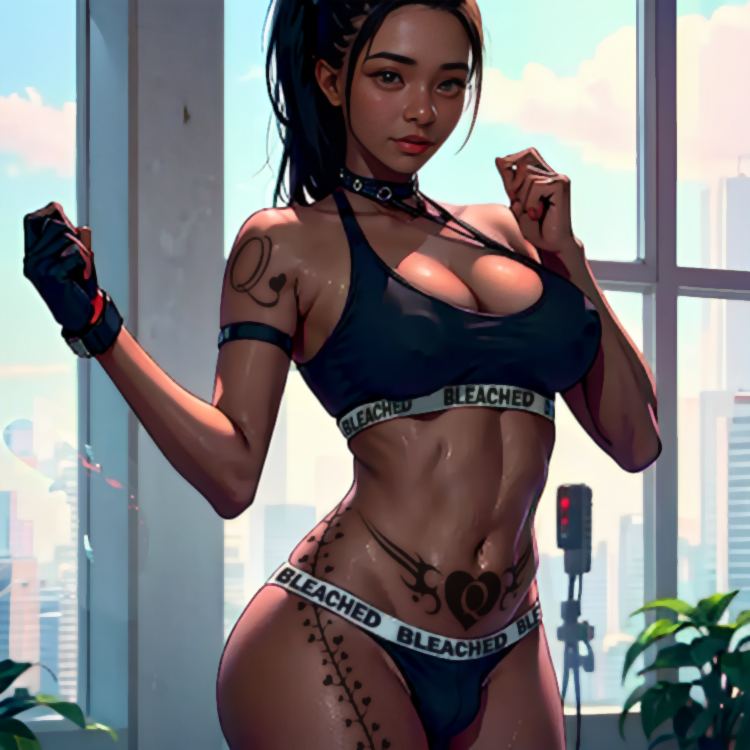 ai_generated athletic athletic_futanari black_hair bleached bleached_clothing bulge collar dark-skinned_futanari dark_skin english_text futa_only futanari midriff neckwear panties penis_in_panties pixai queen_of_hearts solo sports_bra standing tattoos text underwear