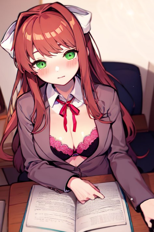 ai_generated blazer blush book bow bra brown_hair collar coral_brown_hair desk doki_doki_literature_club embarrassed emerald_eyes female female_only green_eyes looking_at_viewer monika_(doki_doki_literature_club) no_shirt open_blazer reading reading_book ribbon sitting_on_chair solo