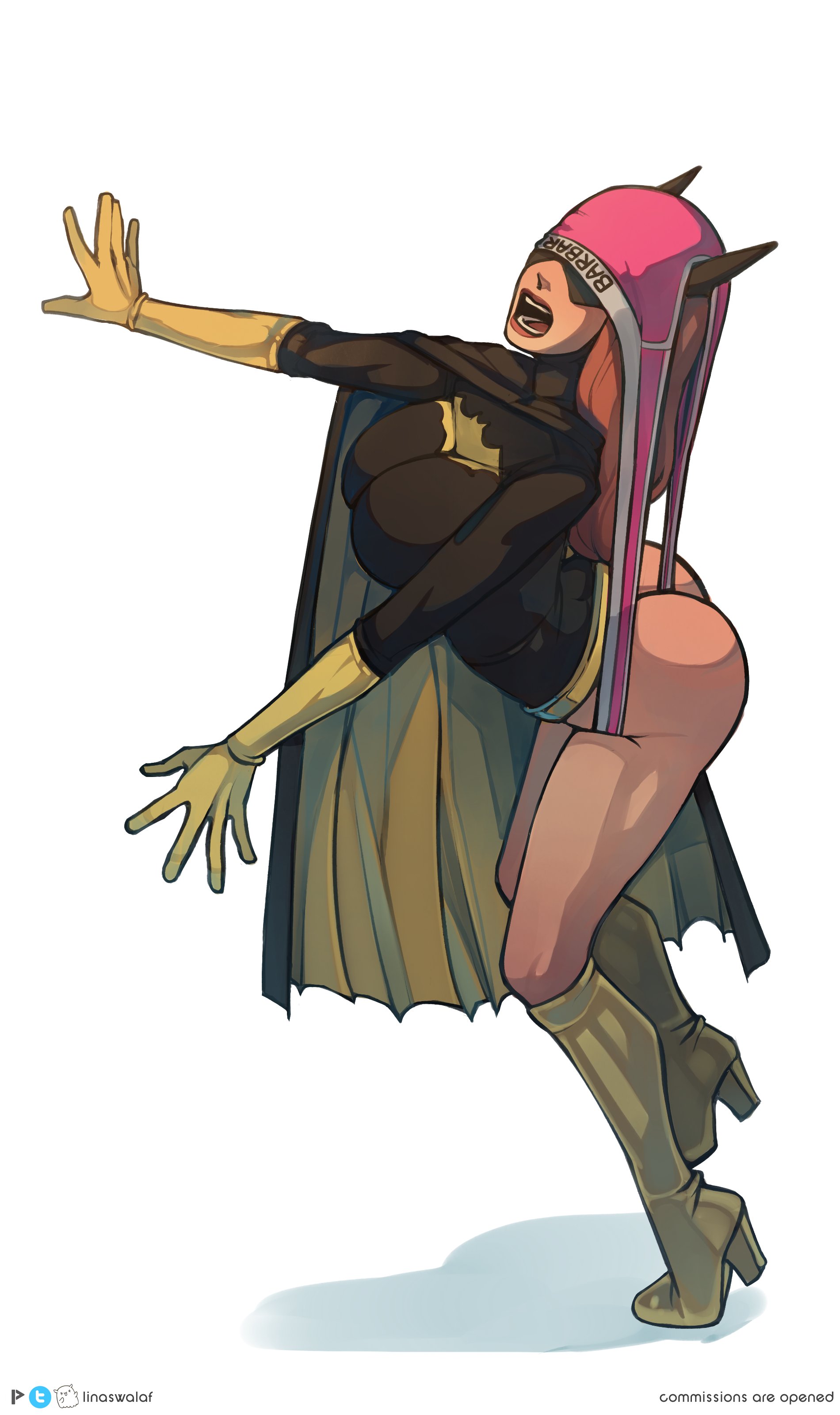 1girls, 2023, barbara gordon, batgirl, batman (series), boots, cloak, dc, dc comics, female, female only, high heels, horns, humiliation, linaswalaf, orange hair, red hair, solo, tagme, underwear on head, wedgie, yellow boots, yellow gloves