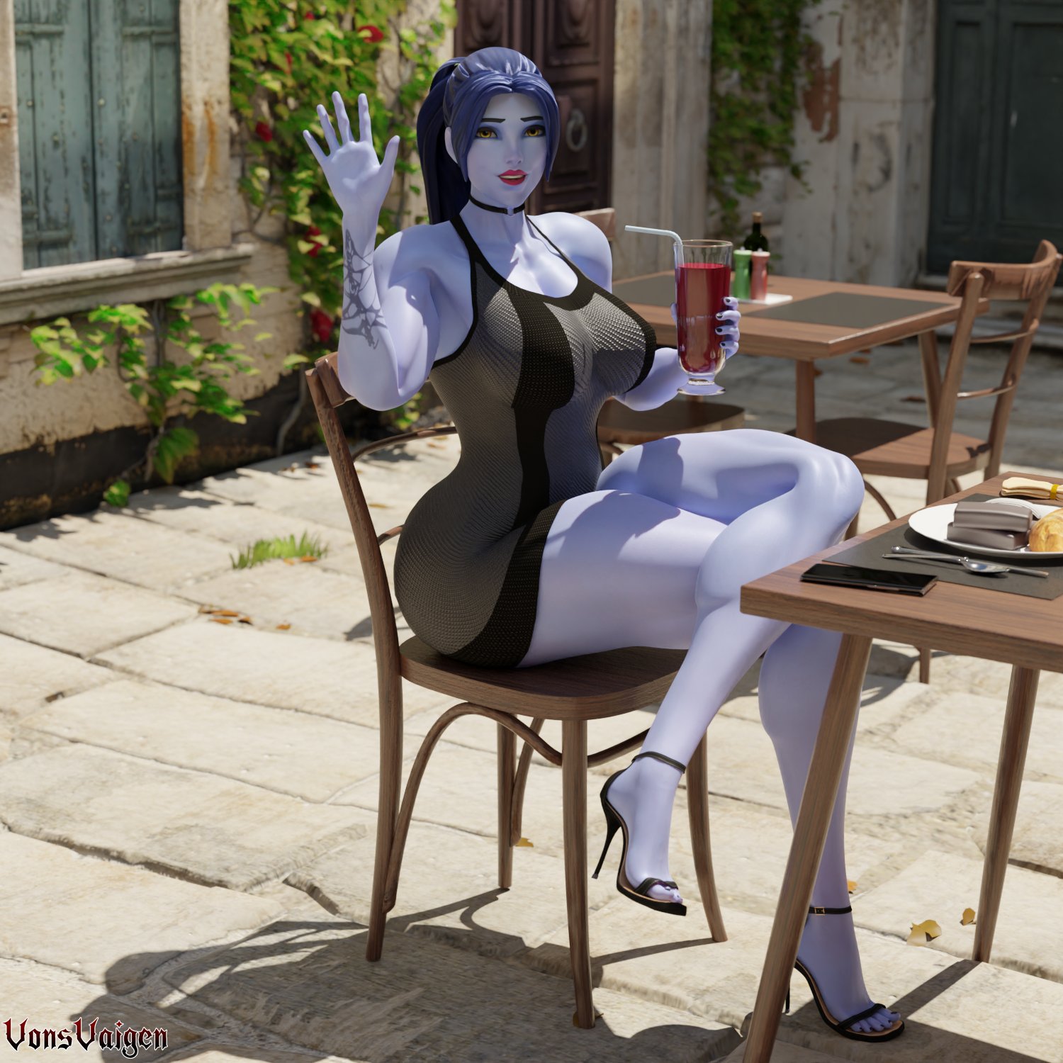 1girls, 3d, abs, amelie lacroix, ass, big ass, big breasts, blizzard entertainment, breasts, collarbone, day, deltoids, dress, female, female only, fit, fit female, heels, high heels, lipstick, long hair, looking at viewer, makeup, muscular, muscular female, no bra, open mouth, outdoors, overwatch, overwatch 2, ponytail, purple skin, red lipstick, sitting, solo, tattoo, thick thighs, tight clothing, vonsvaigen, waving, wide hips, widowmaker, yellow eyes