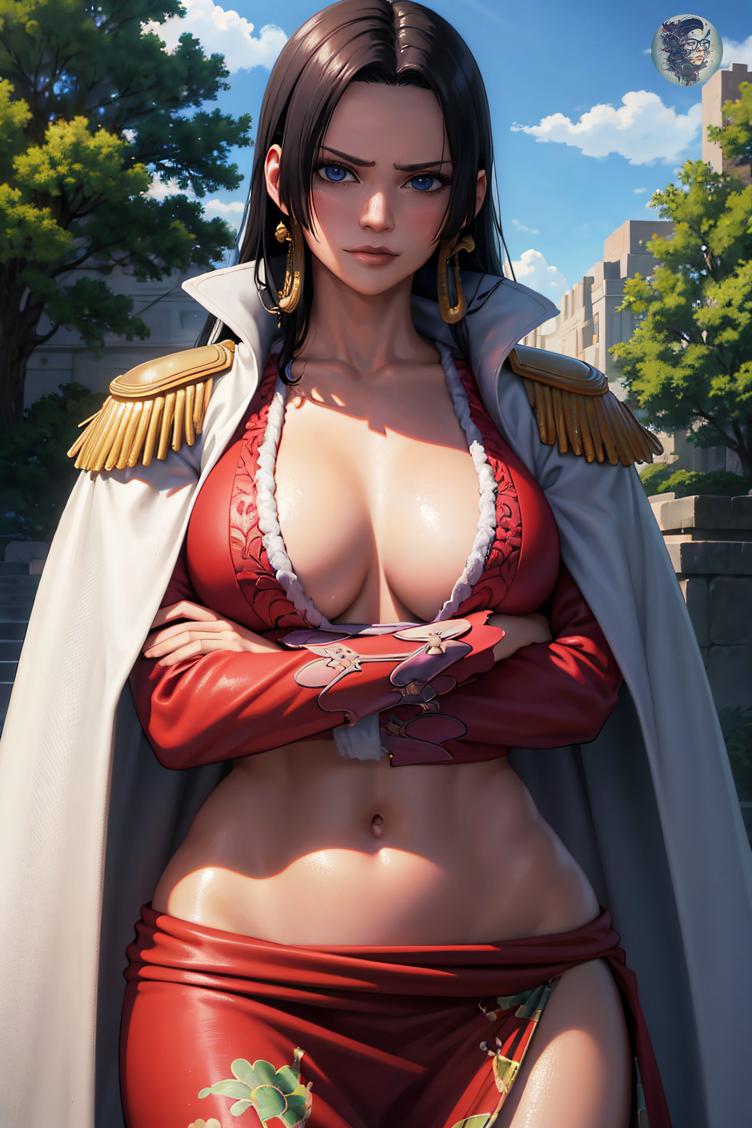 1girls, ai generated, artist name, artist request, athletic, athletic female, belly button, big breasts, black hair, blue eyes, blush, blushing, boa hancock, breasts, cleavage, cloud, coat, coat on shoulders, collarbone, crossed arms, desenhista que pensa, earrings, fanart, female, female only, fit, fit female, front view, lips, long hair, looking at viewer, midriff, muscular, muscular female, navel, no bra, one piece, outdoors, outside, red clothing, red dress, serious, serious look, sidelocks, snake earrings, solo, stomach, thighs, tight clothing, tight fit, tree