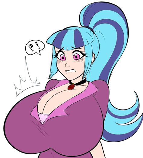 1girls, artist request, big breasts, blue hair, bra, breast expansion, breast growth, breast growth (enlargement), breasts, breasts bigger than head, clothed, equestria girls, female, female only, friendship is magic, hasbro, huge breasts, long hair, my little pony, necklace, pink eyes, ponytail, purple clothing, sonata dusk, tagme, tight clothing, tight fit, white background