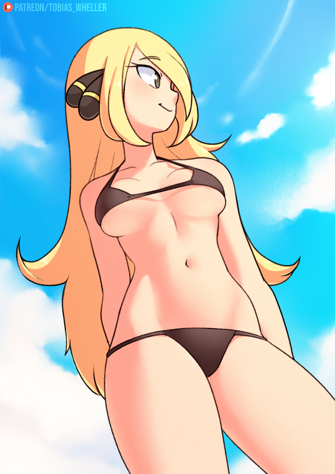 1girls, 2023, alternate version available, average breasts, belly, bikini, blonde hair, breasts, cynthia (pokemon), female, female only, game freak, grey eyes, hair over one eye, hourglass figure, light skin, light-skinned female, long hair, looking to the side, medium breasts, nintendo, patreon logo, patreon url, pokemon, pokemon champion, pokemon dppt, solo, tobias wheller