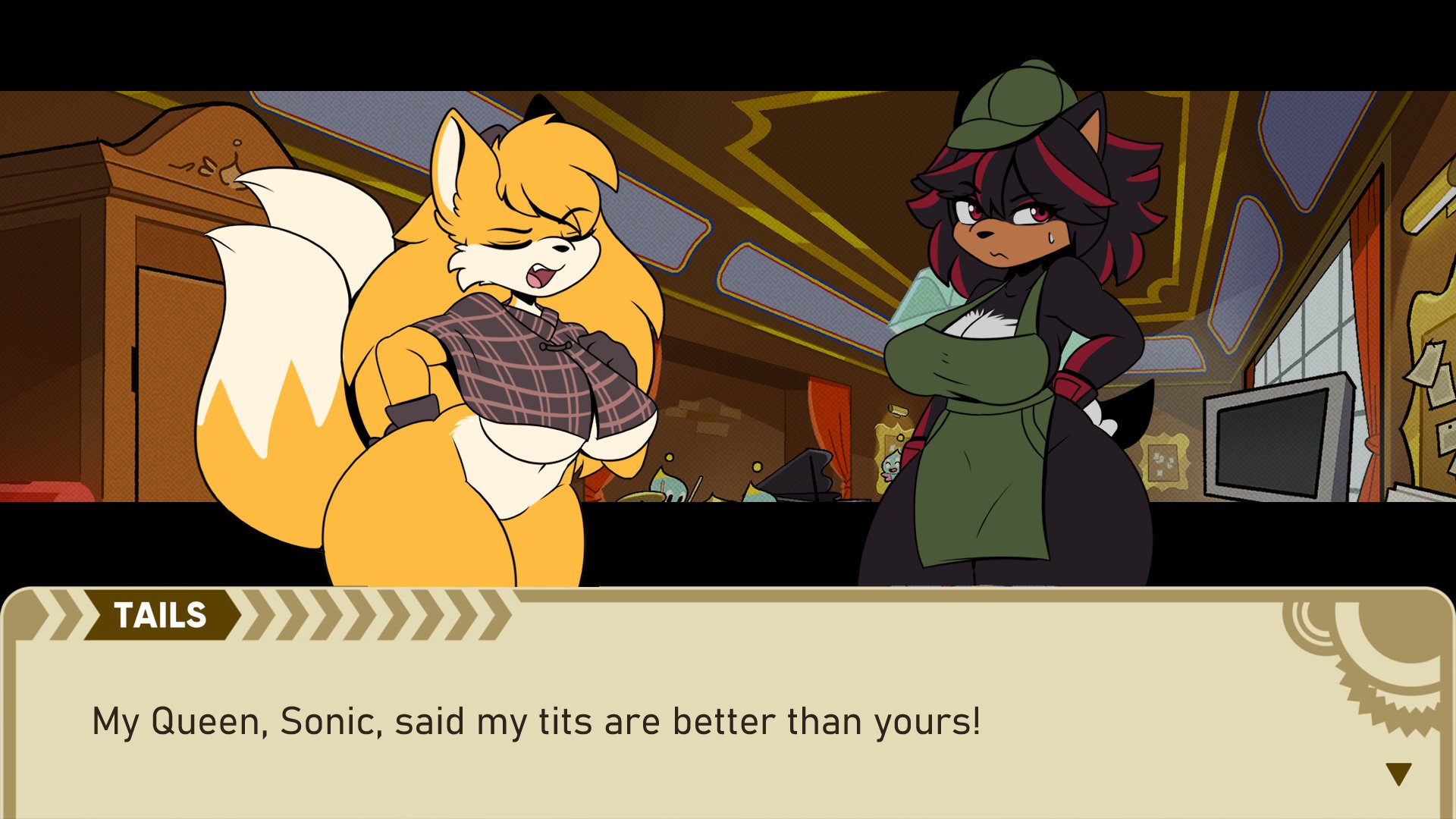 16:9, 2 tails, 2023, anthro, breasts, canid, canine, casual, cleavage, closed eyes, clothed, clothing, crossgender, dialogue, digital drawing (artwork), digital media (artwork), dipstick tail, duo, english text, female, fox, fur, genderswap, hat, headgear, headwear, hi res, i am kat95, mammal, markings, miles prower, mostly nude, multi tail, navel, open mouth, outerwear, red eyes, rule 63, sega, shadow, shadow the hedgehog, skimpy, sonic (series), sonic the hedgehog (series), standing, tail, tail markings, tails, tails the fox, tailsko, text, text box, the murder of sonic the hedgehog, thick thighs, under boob, wide hips, widescreen, yellow body, yellow fur