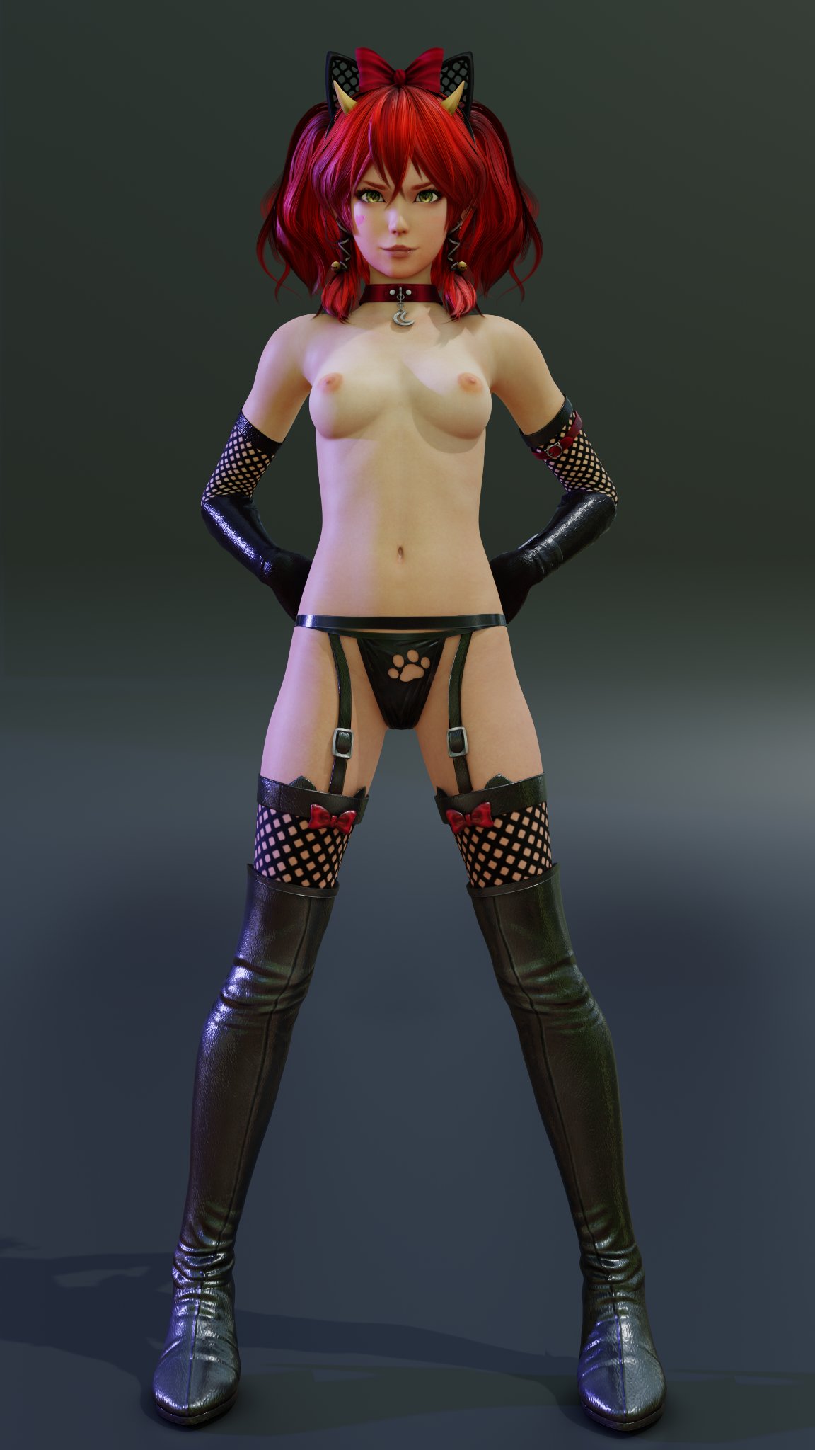 1girls 3d areolae armwear black_legwear blender_(software) bow breasts cat_ears cat_lingerie cat_tail cat_thighighs chat_noir_(outfit) choker collar dead_or_alive dead_or_alive_xtreme_venus_vacation demon_girl demon_horns detached_sleeves elbow_gloves female female_only fingerless_gloves fishnet_armwear fishnets garter_belt garter_straps gloves green_eyes heart_tattoo horns kanna_(dead_or_alive) kruel-kaiser legwear long_hair looking_at_viewer panties petite red_hair small_breasts solo standing stockings thigh_boots thighhighs topless twintails