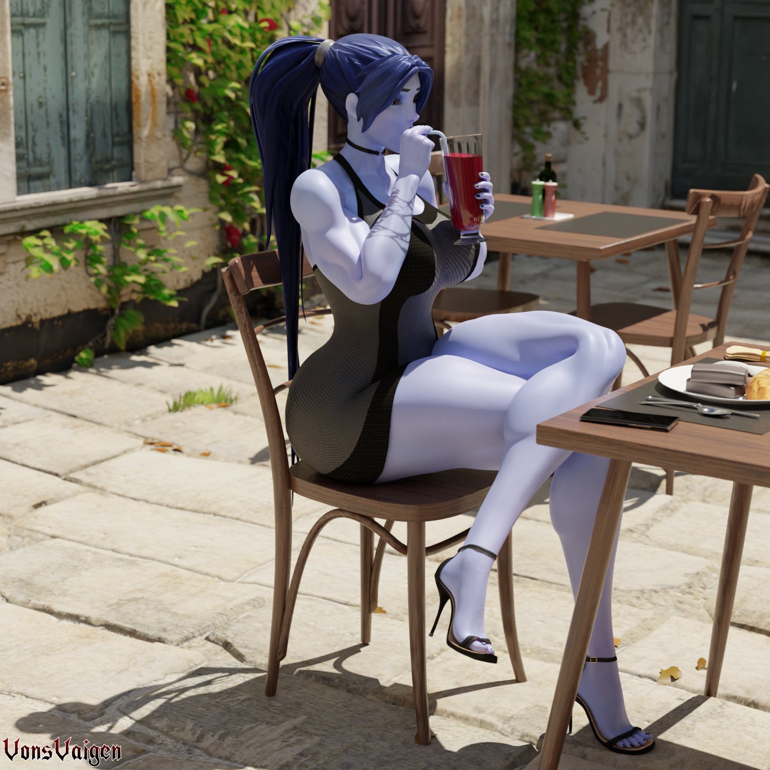 1girls, 3d, abs, amelie lacroix, ass, big ass, big breasts, blizzard entertainment, breasts, dress, drinking, female, female only, fit, fit female, heels, high heels, long hair, looking at viewer, muscular, muscular female, overwatch, overwatch 2, ponytail, purple skin, solo, tattoo, thick thighs, tight clothing, vonsvaigen, wide hips, widowmaker, yellow eyes