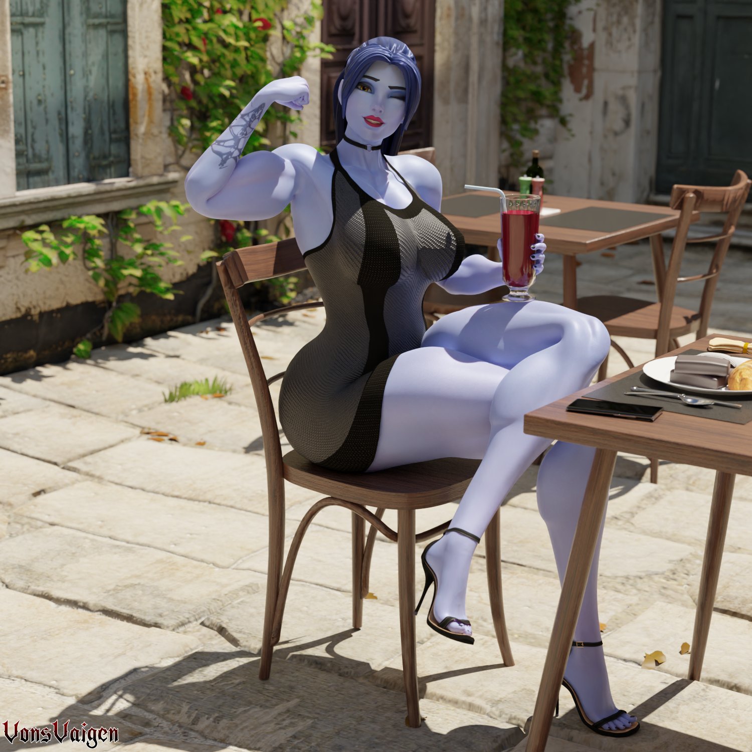 1girls, 3d, abs, amelie lacroix, ass, biceps, big ass, big breasts, black nails, blizzard entertainment, breasts, choker, crossed legs, day, deltoids, dress, drink, feet, female, female only, fit, fit female, flexing, flexing bicep, heels, high heels, lipstick, long hair, looking at viewer, muscular, muscular arms, muscular female, no bra, outdoors, overwatch, overwatch 2, ponytail, purple skin, red lipstick, sitting, solo, tattoo, thick thighs, tight clothing, triceps, vonsvaigen, wide hips, widowmaker, wink, yellow eyes