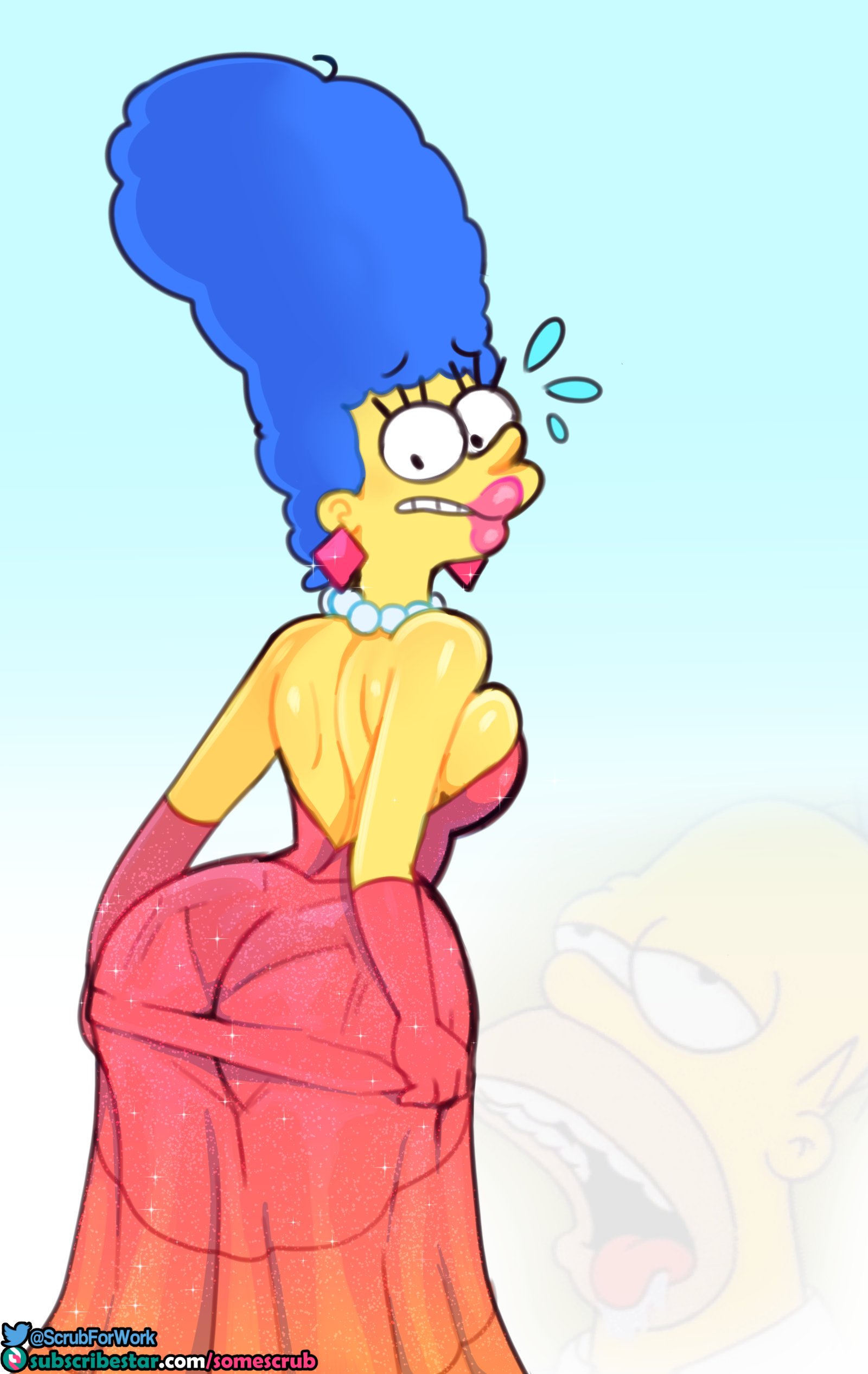 1girls, ass, big ass, big breasts, big butt, blue hair, breasts, cleavage, dress, earrings, eyebrows, eyebrows visible through hair, eyelashes, fat ass, female, female only, large breasts, looking back, marge simpson, meme, milf, pearl necklace, pink lipstick, solo, solo female, somescrub, the simpsons, thick ass, watermark, wide hips, yellow body, yellow skin