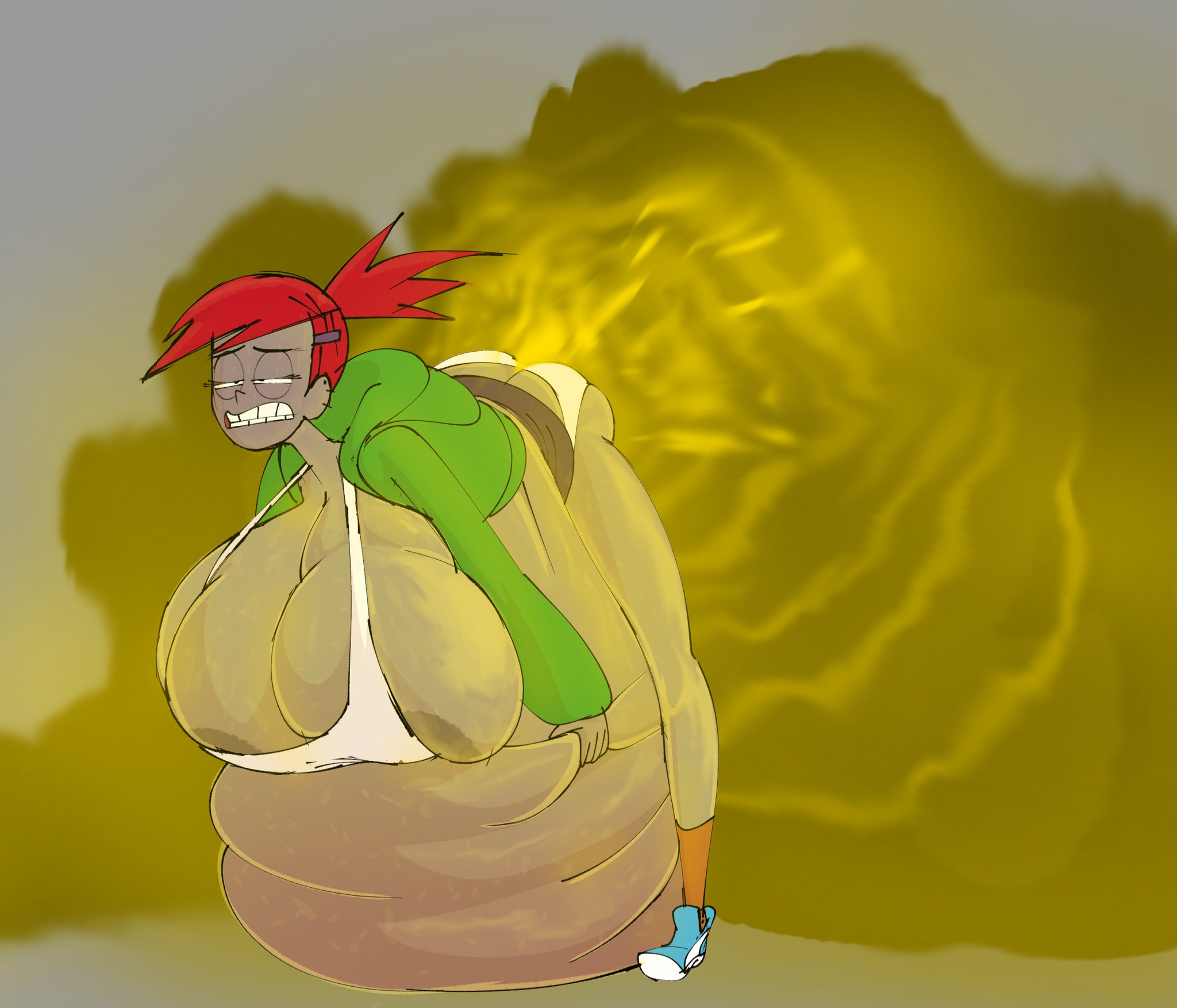 1girls, ass, ass cleavage, ass crack, bending over, big belly, breasts, butt crack, cartoon network, fart, fart cloud, fart fetish, farting, fat rolls, female, female only, foster's home for imaginary friends, frankie foster, gritted teeth, mrwastemaster, nipple peek, nipples, slob, small clothes, solo, solo female, tagme