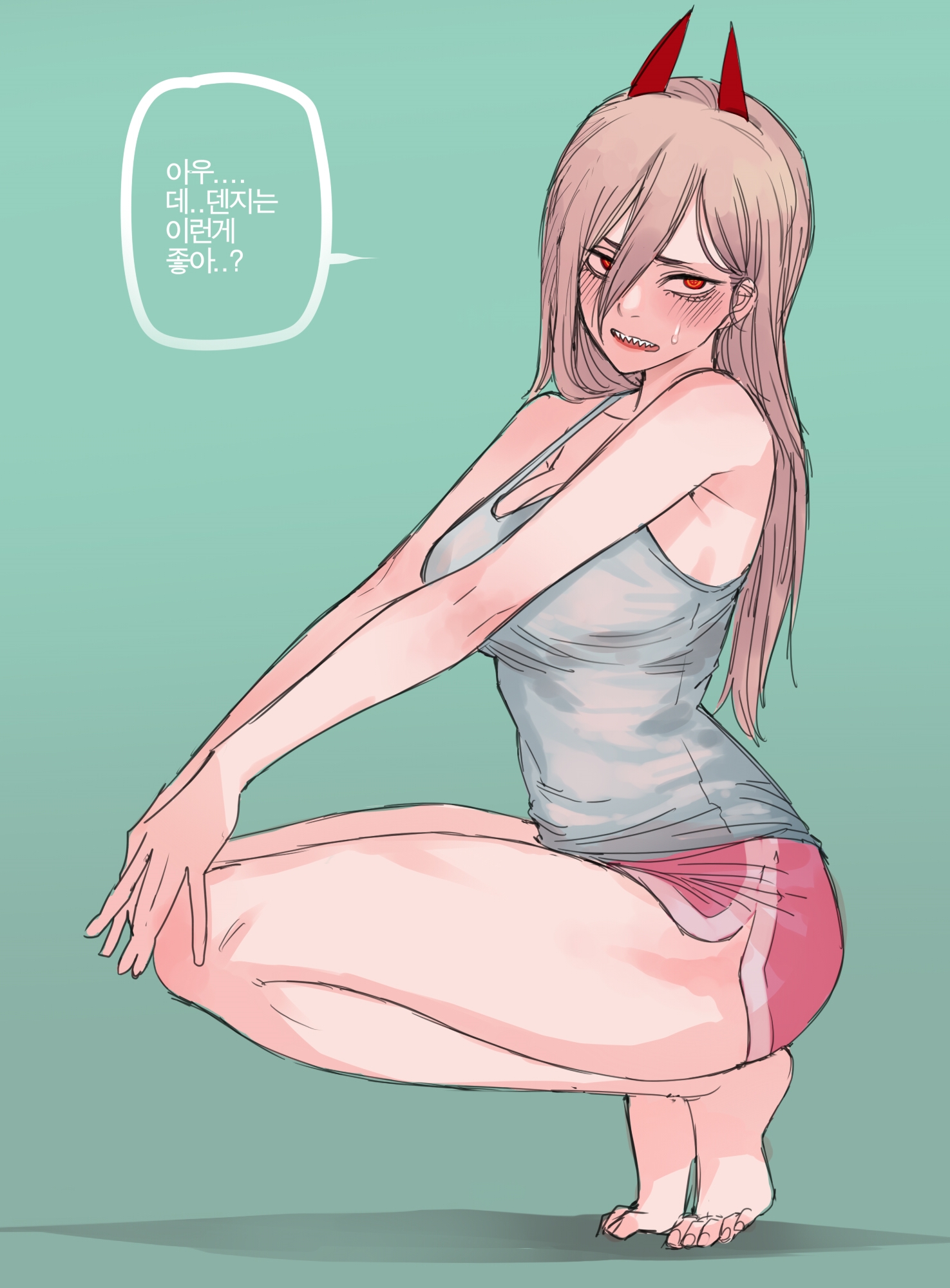 1boy, 1girls, 2021, alternate version, barefoot, big breasts, blonde hair, blonde-haired female, blush, breasts, chainsaw man, cleavage, crouching, denji (chainsaw man), dolphin shorts, female, full body, hand on knee, horn, korean text, long hair, looking at another, male, nervous, nervous sweat, portrait, power (chainsaw man), ratatatat74, sharp teeth, shorts, solo, solo female, solo focus, talking to partner, tank top, text, text bubble, thighs, tiptoes, unseen character
