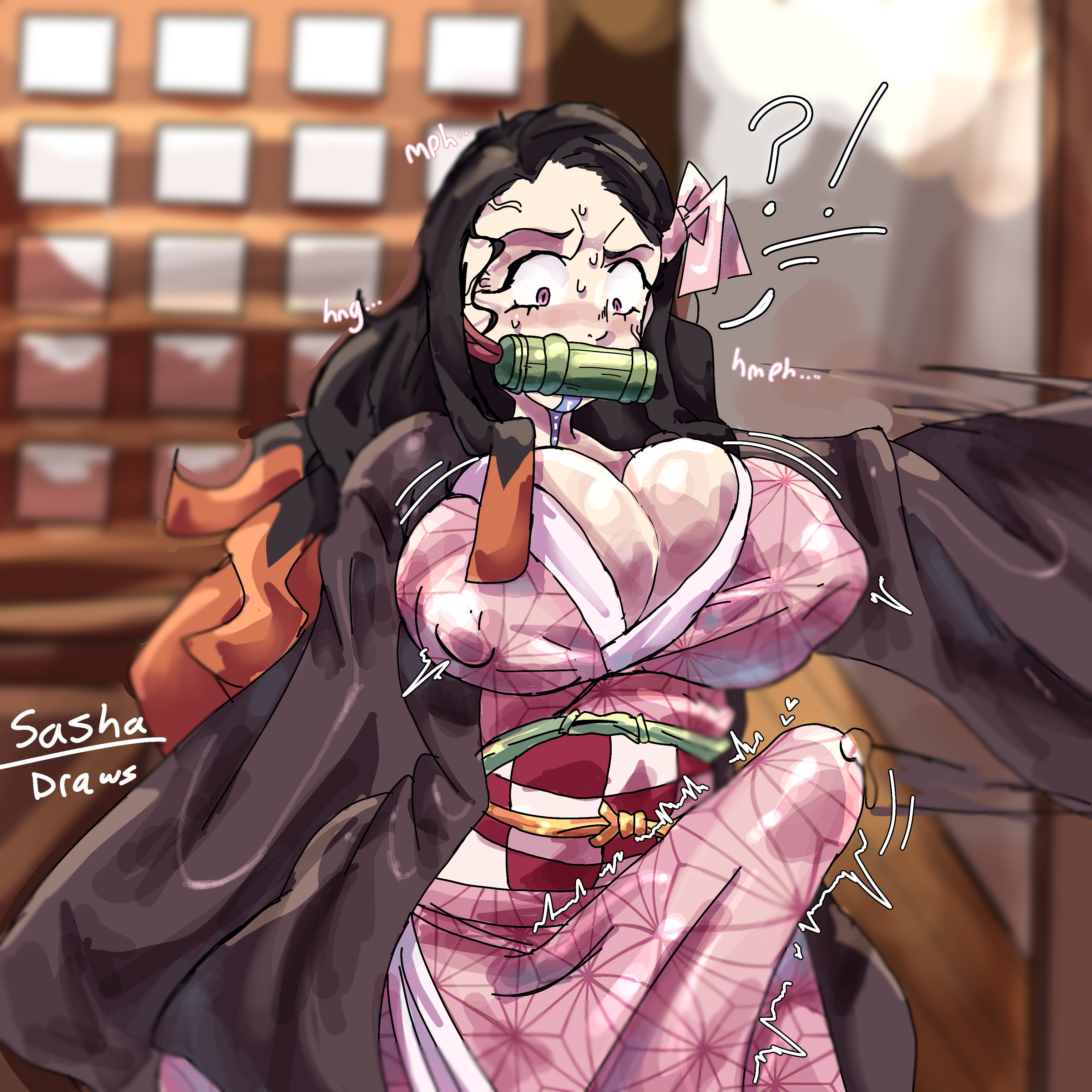 1futa, 2026, 2d, alternate breast size, areola, areolae, areolae visible through clothing, big breasts, big penis, black hair, boobs, breasts, bulge, bulge under clothes, cleavage, cleavage cutout, clothed, clothed futa, cock, color, demon, demon girl, demon slayer, dick, dickgirl, digital drawing (artwork), digital media (artwork), drooling, english text, erect penis, erection, front view, futa, futa only, futanari, genitals, gynomorph, hair, hi res, high quality, high resolution, highres, horny, horny futa, huge cock, huge penis, indoors, intersex, jiggling breasts, kamado nezuko, kimetsu no yaiba, large breasts, large penis, lewd, light skin, light-skinned futa, long hair, long penis, looking at another, looking down, multicolored hair, nsfw, onomatopoeia, pale skin, pale-skinned futa, penile, penis, pink eyes, precum, precum drip, saliva, saliva trail, sashadraws, solo focus, sweat, sweatdrop, sweating, text, throbbing penis, tits, veins, watermark