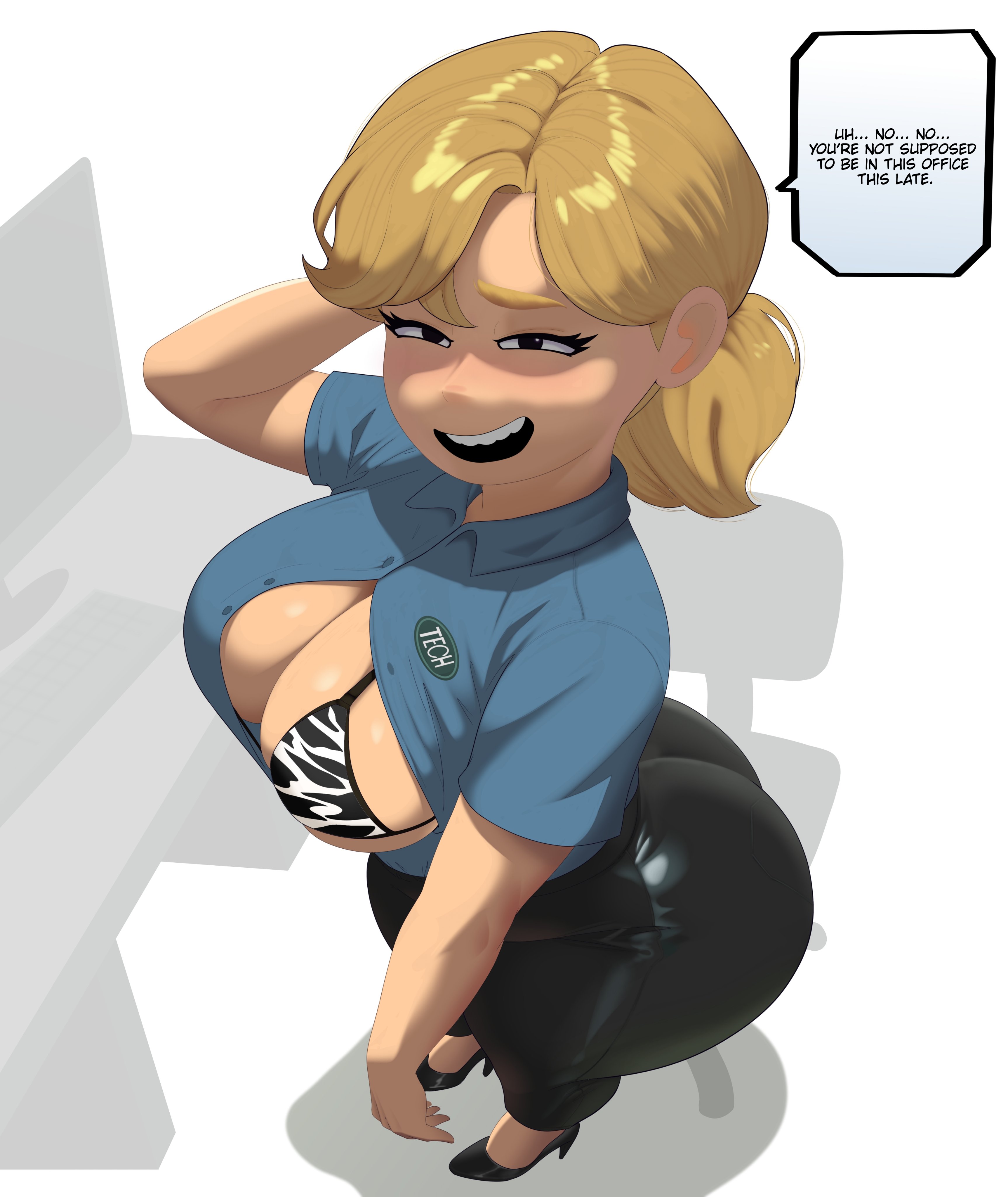 1girls, 2026, 2d, 2d (artwork), 2d artwork, andy hero, ass, big ass, big breasts, blonde, blonde female, blonde hair, blonde hair female, blonde-haired female, blue shirt, bra, breasts, chair, clothed, clothed female, computer, computer monitor, desk, dialog, dialogue, digital art, digital drawing (artwork), digital media (artwork), dreamworks, dreamworks animation, female, human, jeans, light skin, light-skinned female, ponytail, ponytail female, solo, tagme, tech team girl (the bad guys 2), text, the bad guys, the bad guys 2