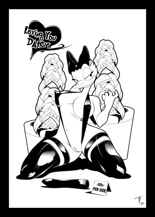 2009 bow breasts daisy_duck disney female large_breasts line_art monochrome pussy soft_feathers solo thighhighs tk83