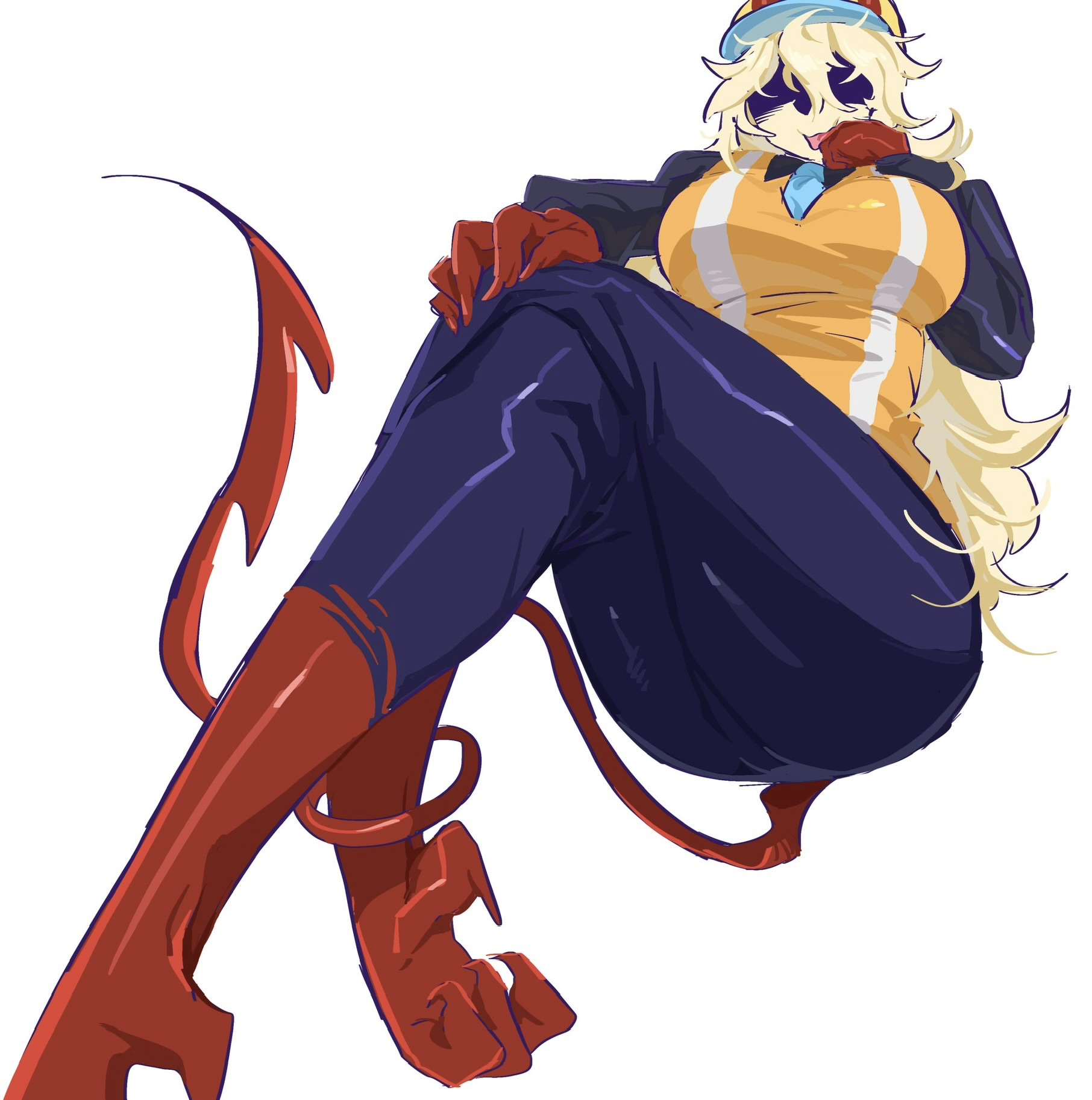 1girl, 1girls, 2d, 2d (artwork), 2d artwork, ass, big ass, big breasts, block tales, blonde, blonde female, blonde-haired female, blue pants, boobs, bottom view, breasts, builderman, builderman (block tales), builderwoman, clawed feet, clawed fingers, clawed hands, claws, clothed, construction helmet, covered eyes, crossed legs, curled tail, eyes covered by shadow, female, female focus, female only, flowing hair, hand on leg, hard hat, hatred (block tales), horned female, horns, horns through headwear, huge ass, huge breasts, large breasts, long hair, looking at viewer, looking down, looking down at viewer, orange vest, red horns, red tail, roblox, roblox game, robloxian, shadowed eyes, smiling at viewer, sticking out tongue, sticking tongue out, tail, tail around leg, teasing, tie, tight clothing, tits, very long hair, yellow hair, yellow skin, yellow skinned female