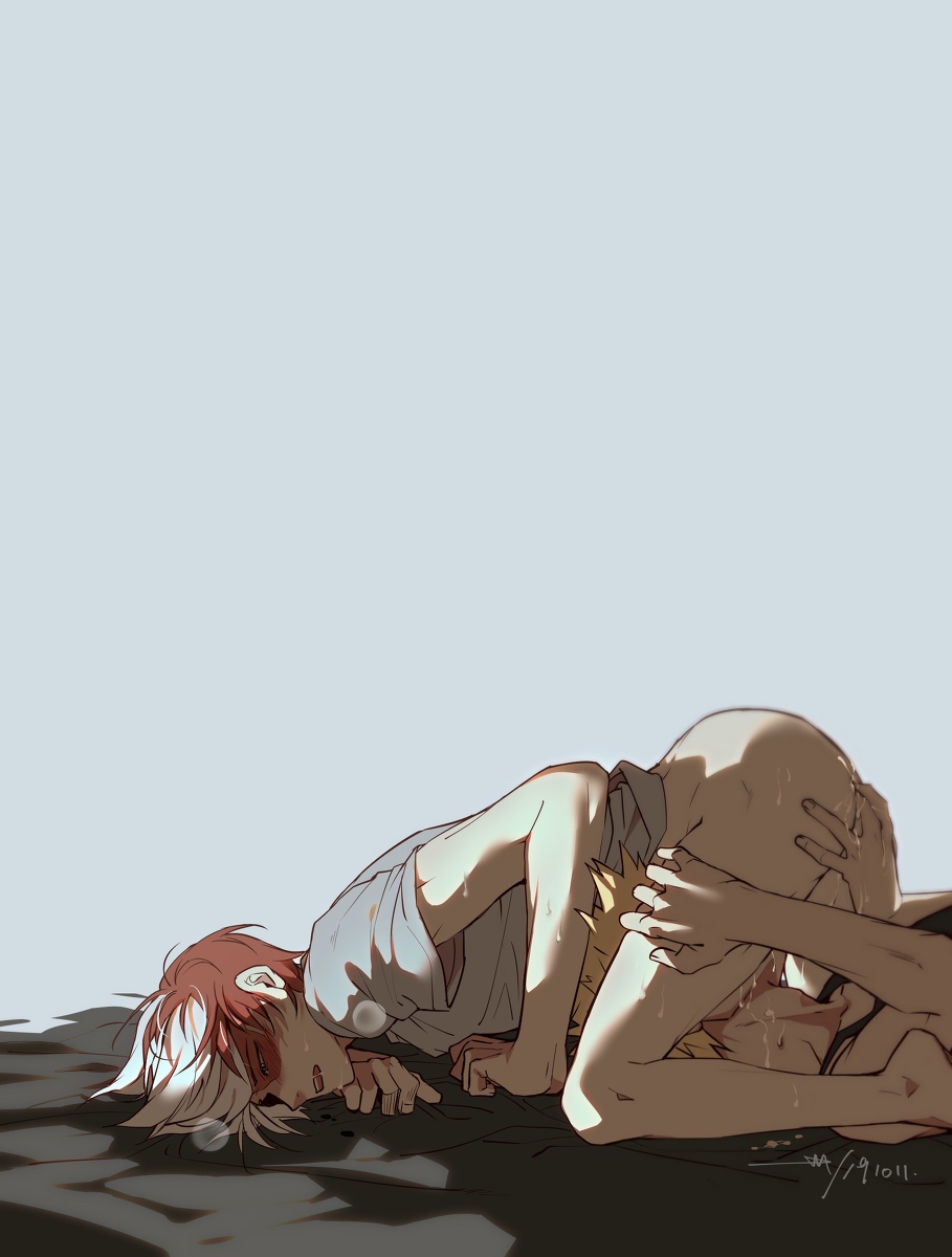 2boys, anal fingering, ass, ass up, bottomless, dripping, face down ass up, fingering, gay, head down ass up, heavy breathing, implied oral, katsuki bakugou, male, male only, my hero academia, oral, red hair, sheet grab, shouto todoroki, sitting on face, two-tone hair, yaoi
