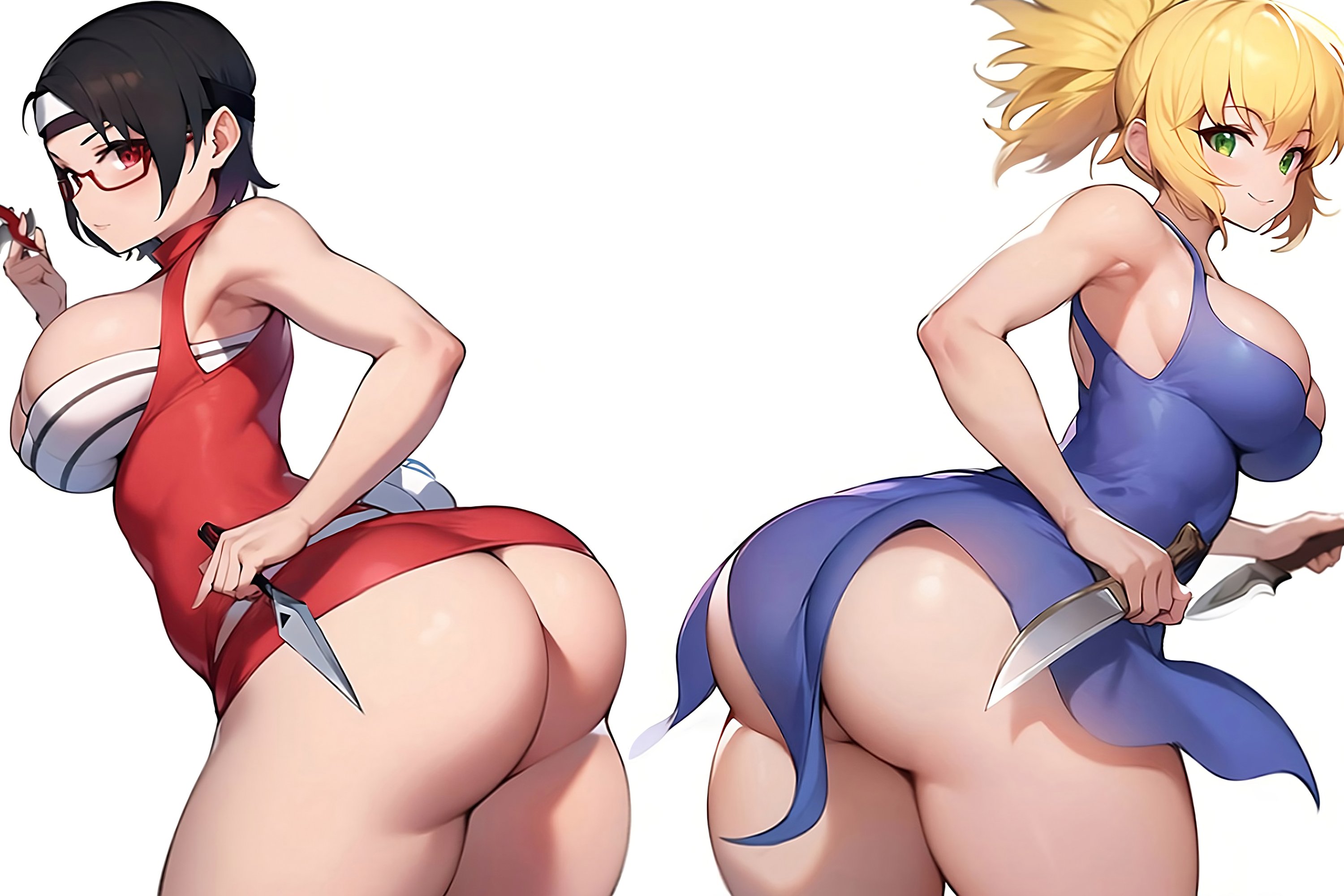 2girls, aged up, ai generated, alternate breast size, ass, black hair, blonde hair, boruto: naruto next generations, breasts, bubble ass, bubble butt, crossover, cucarachaaa, dr.stone, female, glasses, green eyes, huge ass, huge breasts, kohaku (dr.stone), light skin, light-skinned female, naruto, naruto (series), no panties, red eyes, sarada uchiha, thick thighs, thighs