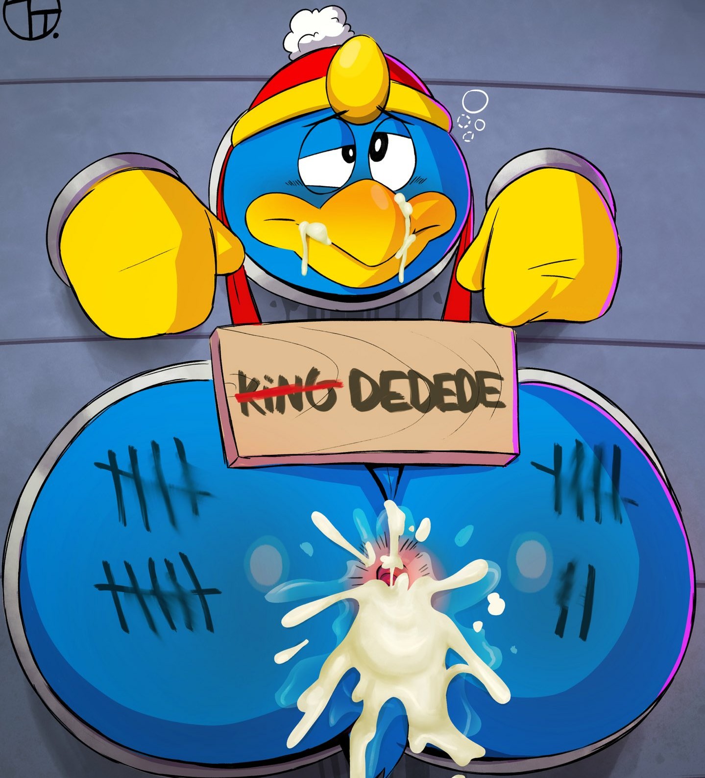 1boy, after anal, after sex, anthro, anus, ass, avian, beak, big ass, blue body, blush, body hair, cum, cum in ass, cum on beak, cum on face, furry, gay, king dedede, kirby (series), male, male only, nintendo, overweight, penguin, public use, sign, solo, solo male, tally marks, through wall, trashtoonz, writing on ass