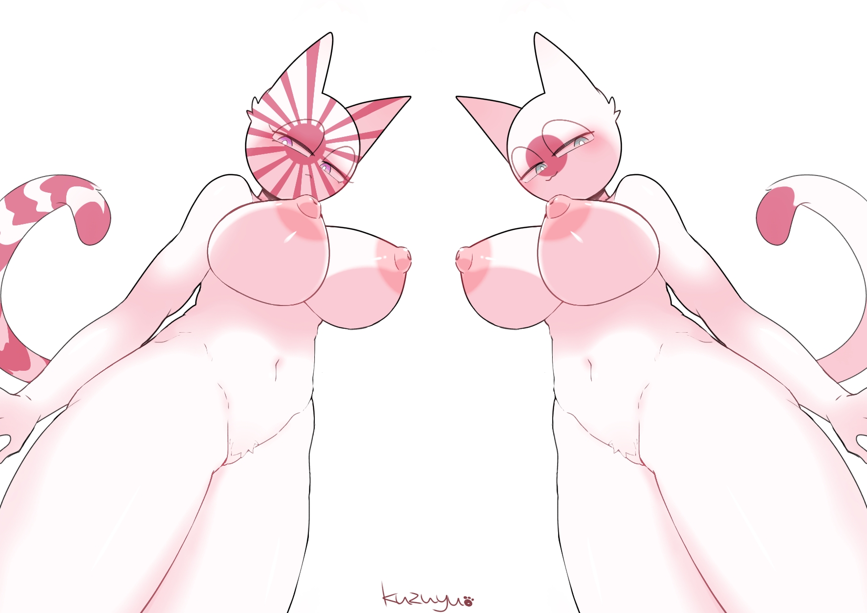 2girls, alternate version available, animal ears, animal tail, big breasts, breasts, cat ears, cat girl, cat tail, catgirl, countryhumans, countryhumans girl, female, female only, japan (countryhumans), japanese empire (countryhumans), kuzuyu (artist), mother and daughter, multiple females, multiple girls, pink nipples, white background, white skin
