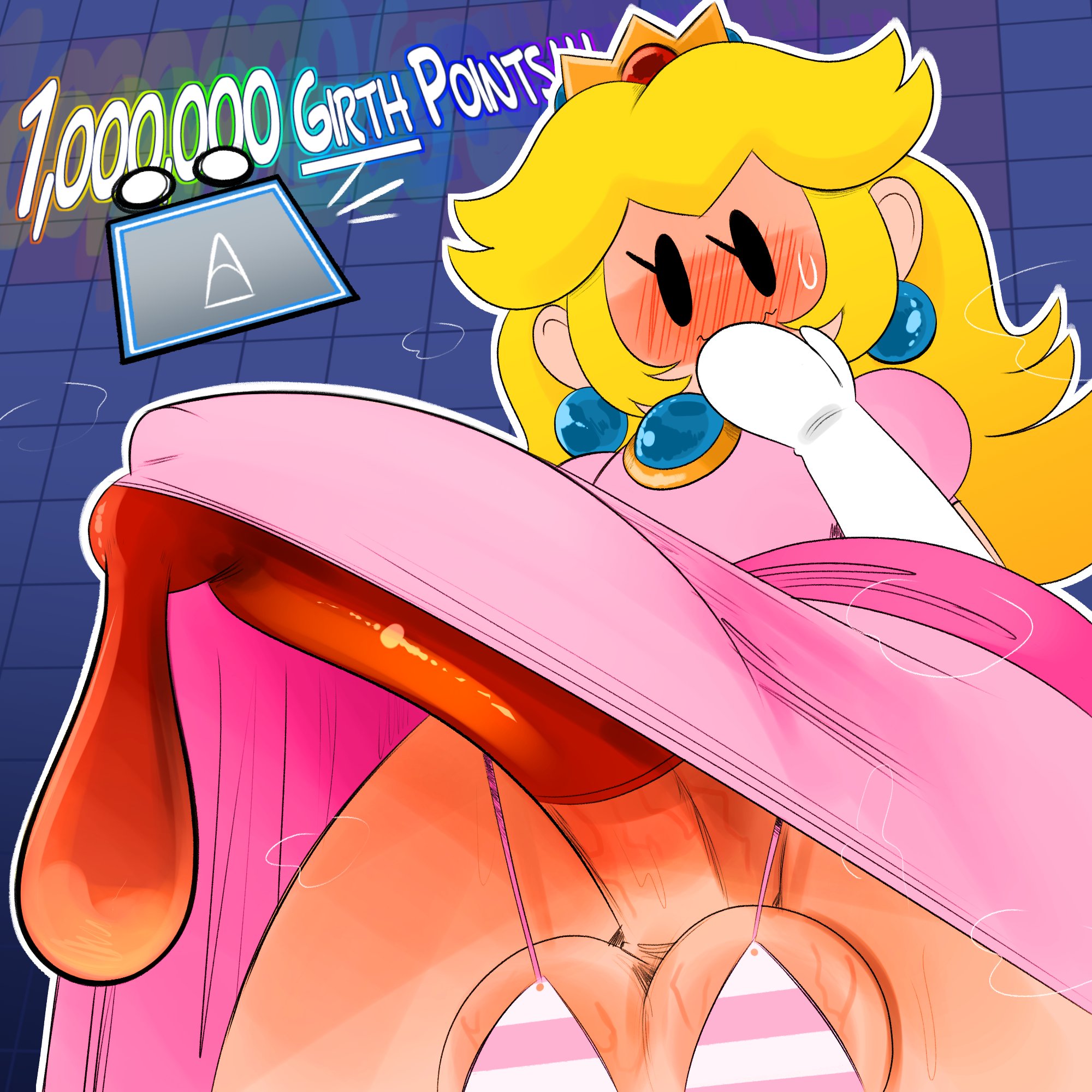 1futa, abs, balls, balls bra, big balls, big penis, bikini, blush, bodysuit, breasts, clothed, clothing, collar, crown, dark eyes, embarrassed, english text, erection, erection under clothes, futa only, futanari, genitals, gloves, hair, hi res, huge cock, human, hyper penis, intersex, light skin, light-skinned futa, low-angle view, mario (series), mob face, mostly clothed, nintendo, no panties, ota (artist), paper mario, penis, princess peach, solo, standing, tenting, thudley (paper mario), yellow hair