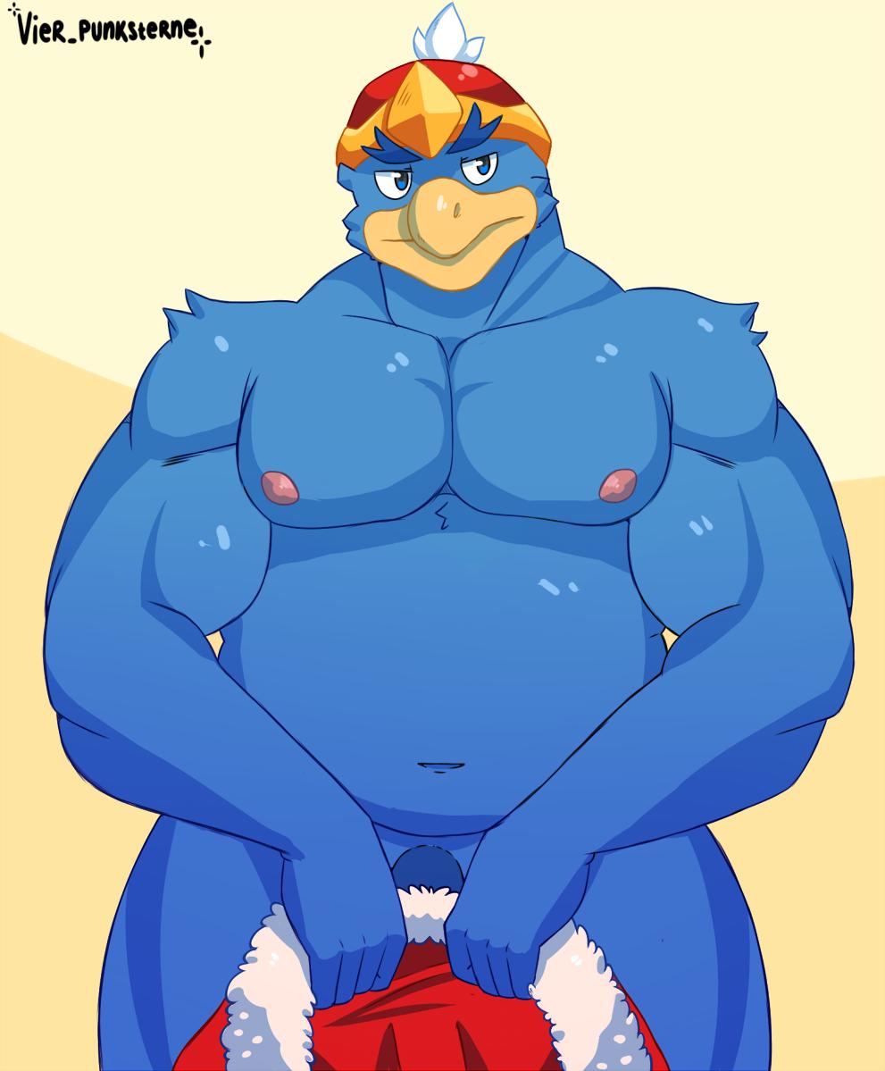 anthro avian balls beak blue_body covering_crotch furry hat king_dedede kirby_(series) male male_only nintendo nude overweight penguin penis red_clothing solo solo_male vier_punksterne