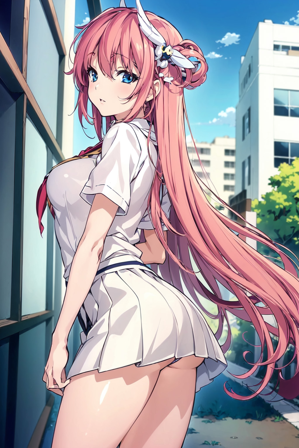ai generated, alternate costume, ass, blue eyes, blush, breasts, dorothy (nikke), female, goddess of victory: nikke, hair ornament, large breasts, long hair, looking at viewer, pantyshot, pink hair, school uniform, shiny, shiny hair, shiny skin, sideboob, skirt, smile, solo, very long hair