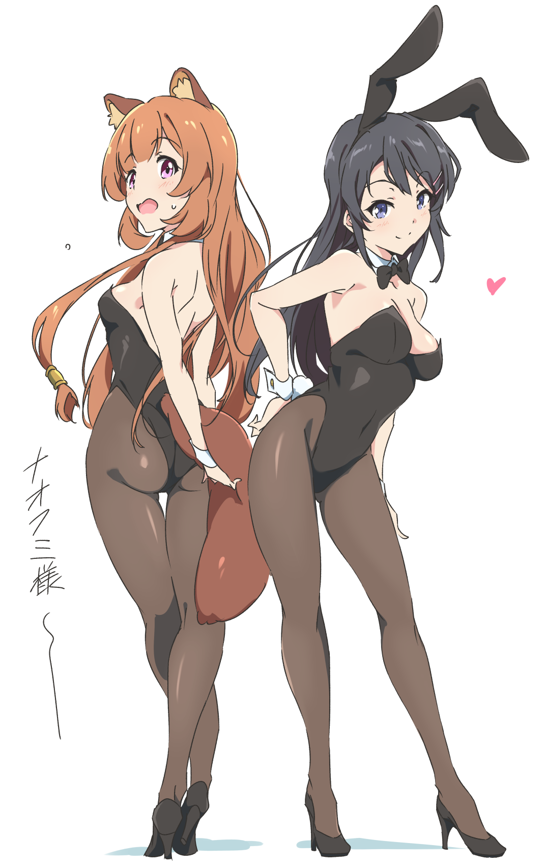 :), 2girls, animal ears, ass, barefoot, black hair, black legwear, black pantyhose, blue eyes, blush, bowtie, breasts, brown hair, bunnysuit, chest, cleavage, clothed, collar, confident, crossover, cuffs, dressed, embarrassed, fake bunny ears, female, female only, hairclip, hand on hip, heart, high heels, japanese text, legs, legs crossed, legwear, leotard, light skin, light-skinned female, long hair, looking at viewer, looking back, looking back at viewer, magenta eyes, medium breasts, navel visible through clothes, nude filter request, open mouth, pantyhose, purple eyes, raphtalia, sakurajima mai, seishun buta yarou wa bunny girl senpai no yume wo minai, shoes, shy, sideboob, smile, standing, sweatdrop, tail, tate no yuusha no nariagari, text, translated, umanosuke, white background