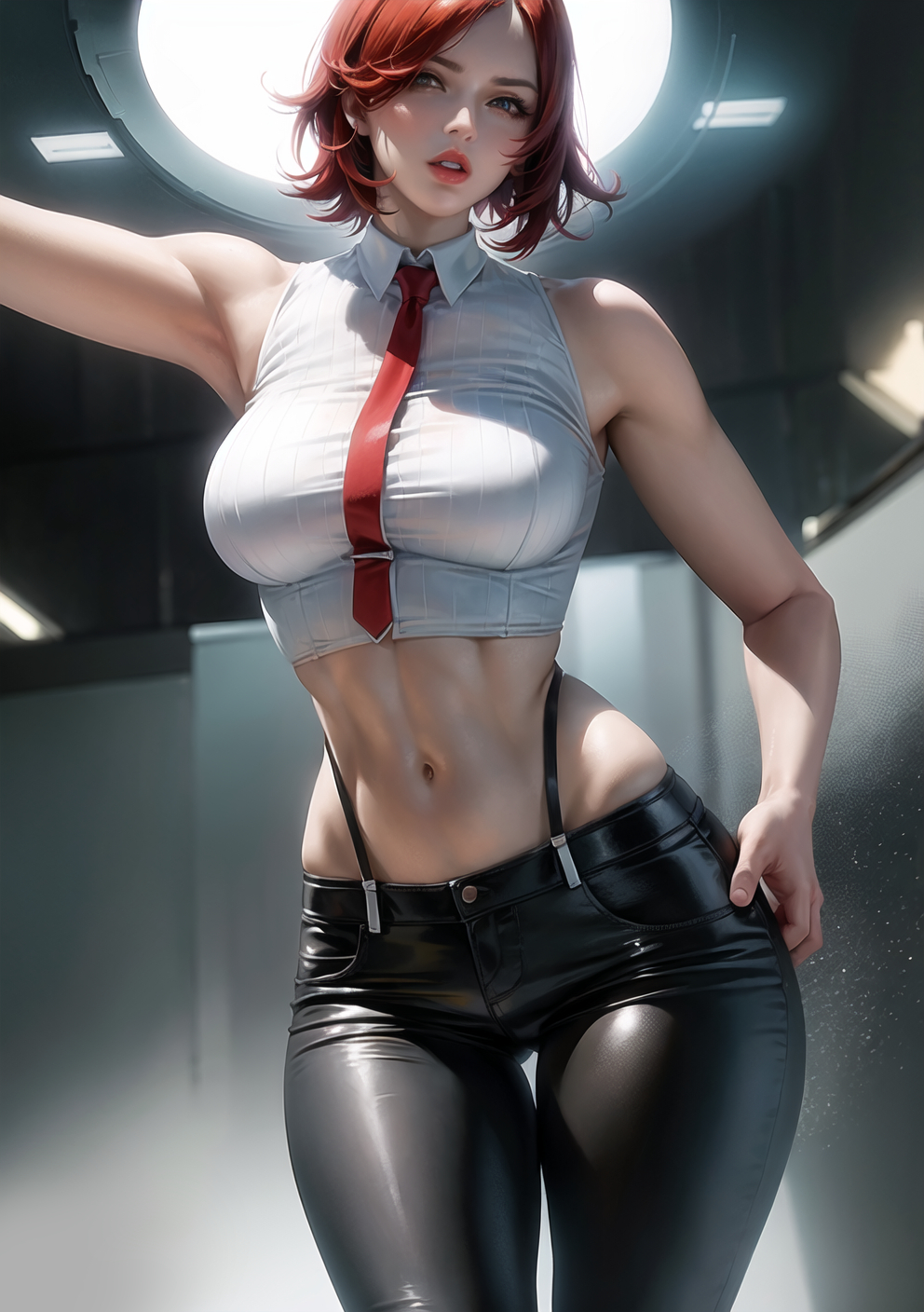 1girls, abs, ai generated, belly button, curvaceous, curvy body, curvy female, curvy figure, exposed stomach, female, hi res, king of fighters, leather, leather pants, looking at viewer, mature female, necktie, red hair, short hair, solo female, solo focus, stable diffusion, tight pants, vanessa (kof)