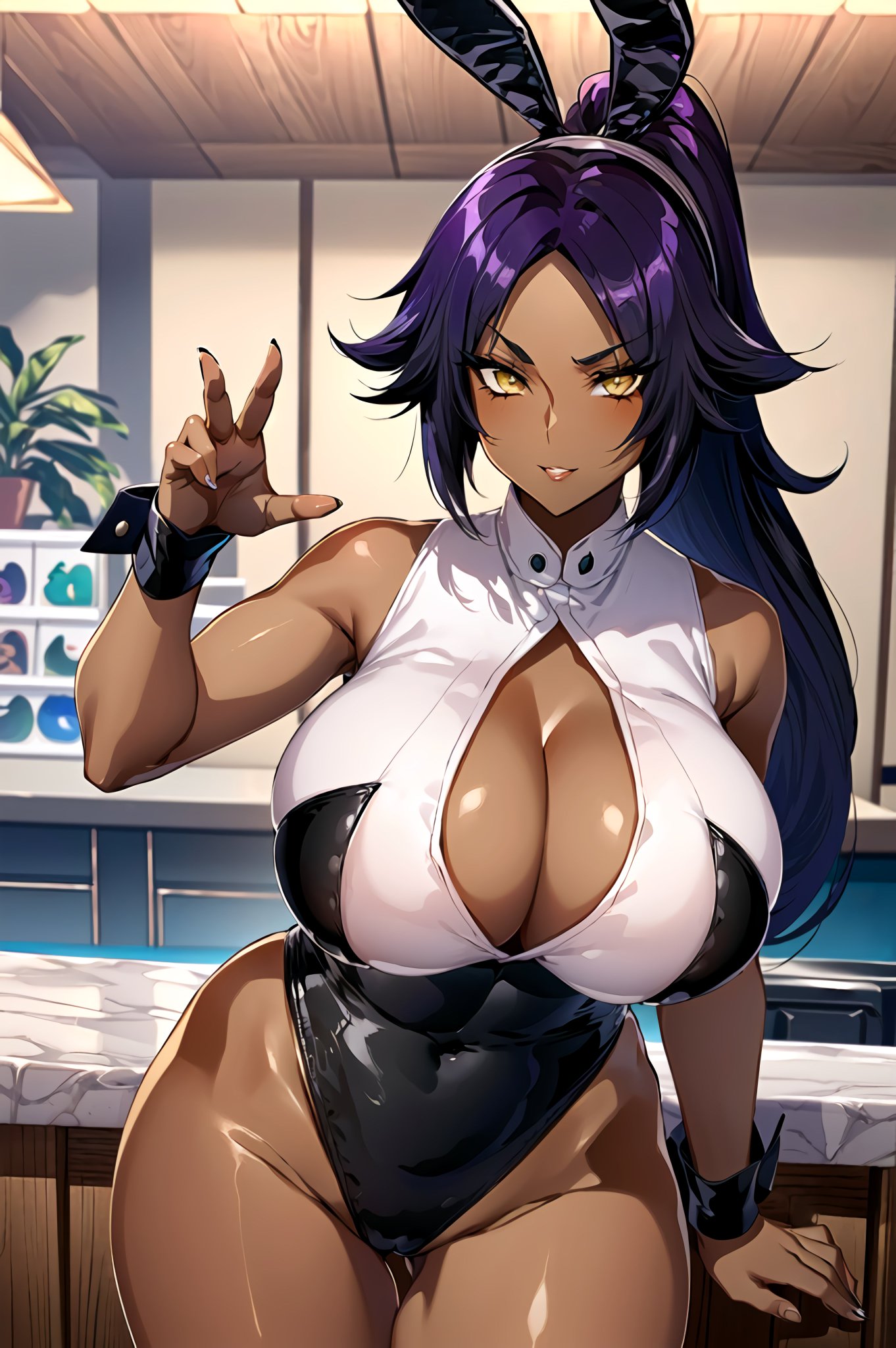1girls, ai generated, bleach, breasts, bunny ears, bunny girl, bunny tail, bunnysuit, female, female focus, female only, huge breasts, long hair, looking at viewer, mature female, ponytail, shihouin yoruichi, solo female, solo focus, stable diffusion