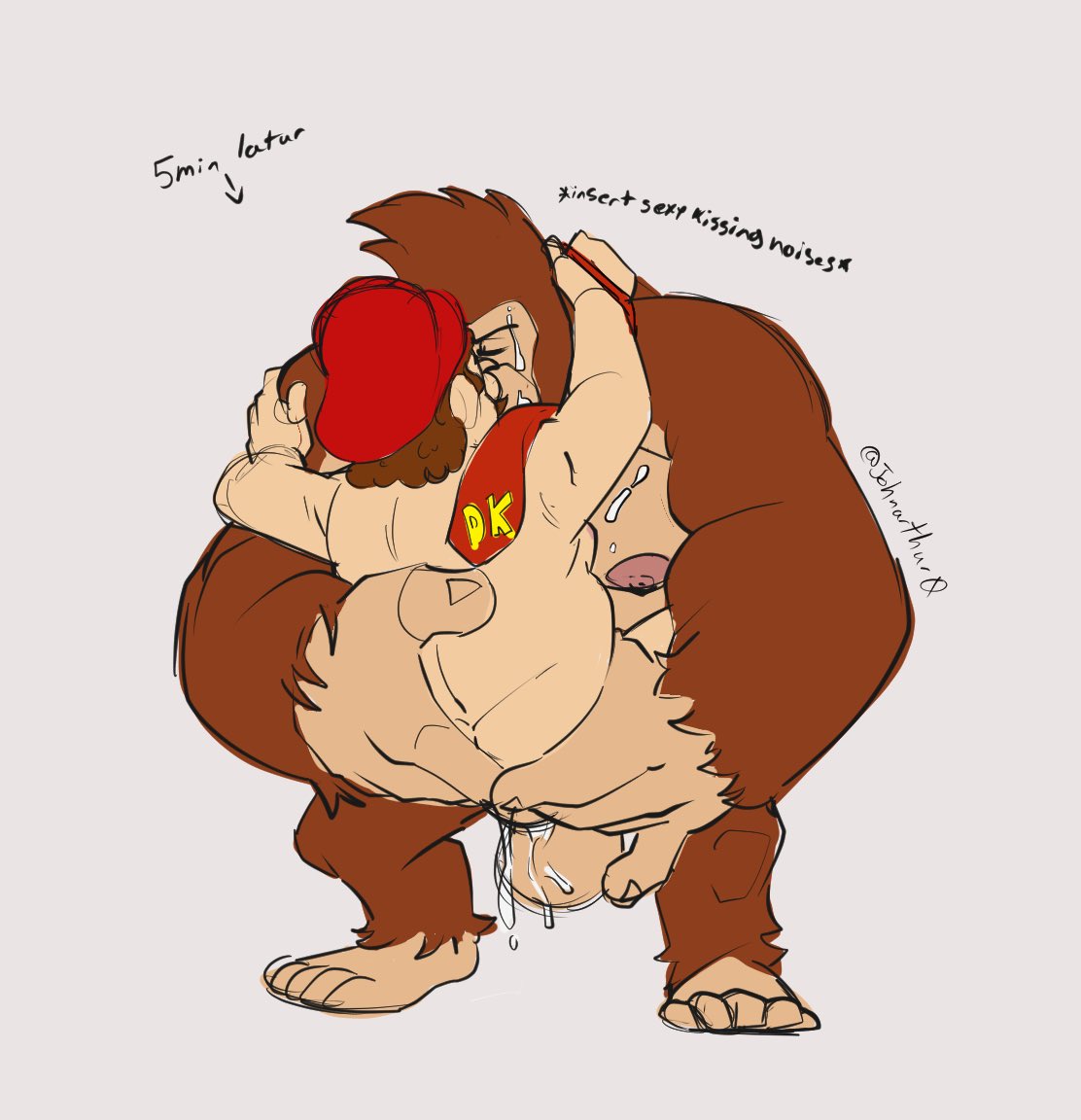 2boys anthro anthro_penetrating anthro_penetrating_human ape bodily_fluids brown_body brown_fur brown_hair carrying carrying_another carrying_partner clothing cum cum_in_ass cum_inside cum_on_chest cum_on_face cum_while_penetrated donkey_kong donkey_kong_(series) duo ejaculation english_text facial_hair fur gay genital_fluids gorilla hair haplorhine hat headgear headwear holding_partner human human_on_anthro human_penetrated interspecies johnarthur0 kissing larger_anthro larger_male male male/male male_only mammal mario mario_(series) moustache musclegut muscular muscular_anthro muscular_male nintendo nipples nude orgasm pecs penetration primate romantic romantic_couple sex simultaneous_orgasms size_difference smaller_human smaller_male smaller_penetrated stand_and_carry_position standing standing_sex text