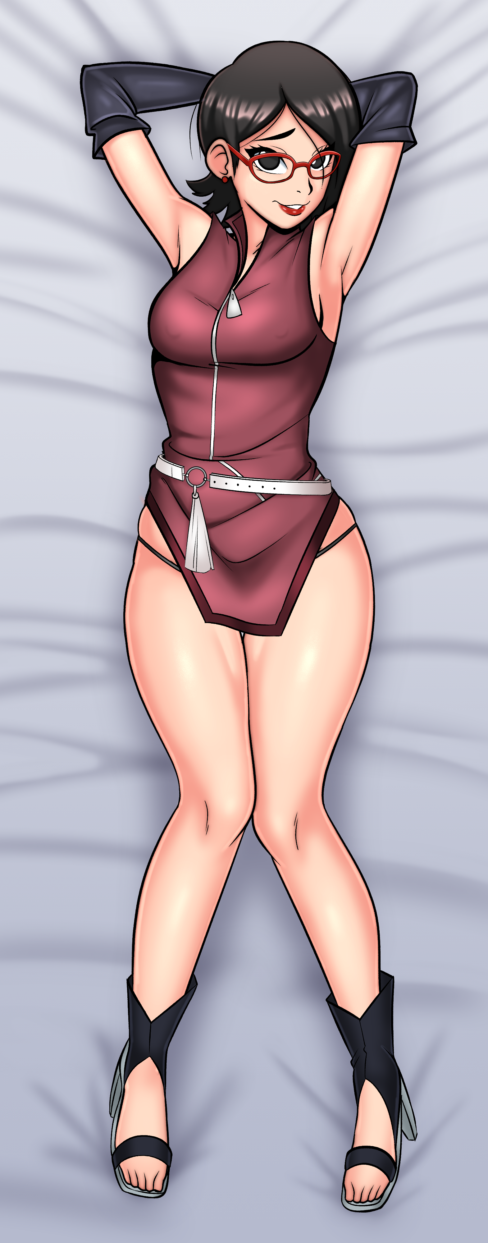1girls, alternate costume, armpit fetish, armpits, arms behind head, arms up, armwear, bare legs, bare shoulders, bare thighs, bed, bed sheet, bedding, belmont, belt, black eyes, black gloves, black hair, black panties, black thong, boruto: naruto next generations, bottomless, breasts, cleavage, dakimakura, dakimakura design, dress, ear piercing, earrings, elbow gloves, feet, female, female focus, female only, footwear, g-string, glasses, gloves, heels, hi res, high heels, high resolution, highres, inner sideboob, light skin, light-skinned female, lips, lipstick, looking at viewer, makeup, naruto, naruto (series), on back, on bed, open toe shoes, pale skin, pale-skinned female, panties, petite, pinup, red lips, red lipstick, sandals, sarada uchiha, scarf, short dress, short hair, shounen jump, sideboob, skimpy, skimpy clothes, skimpy dress, small breasts, solo, solo female, solo focus, stiletto heels, thong, toes, tomboy, wide hips