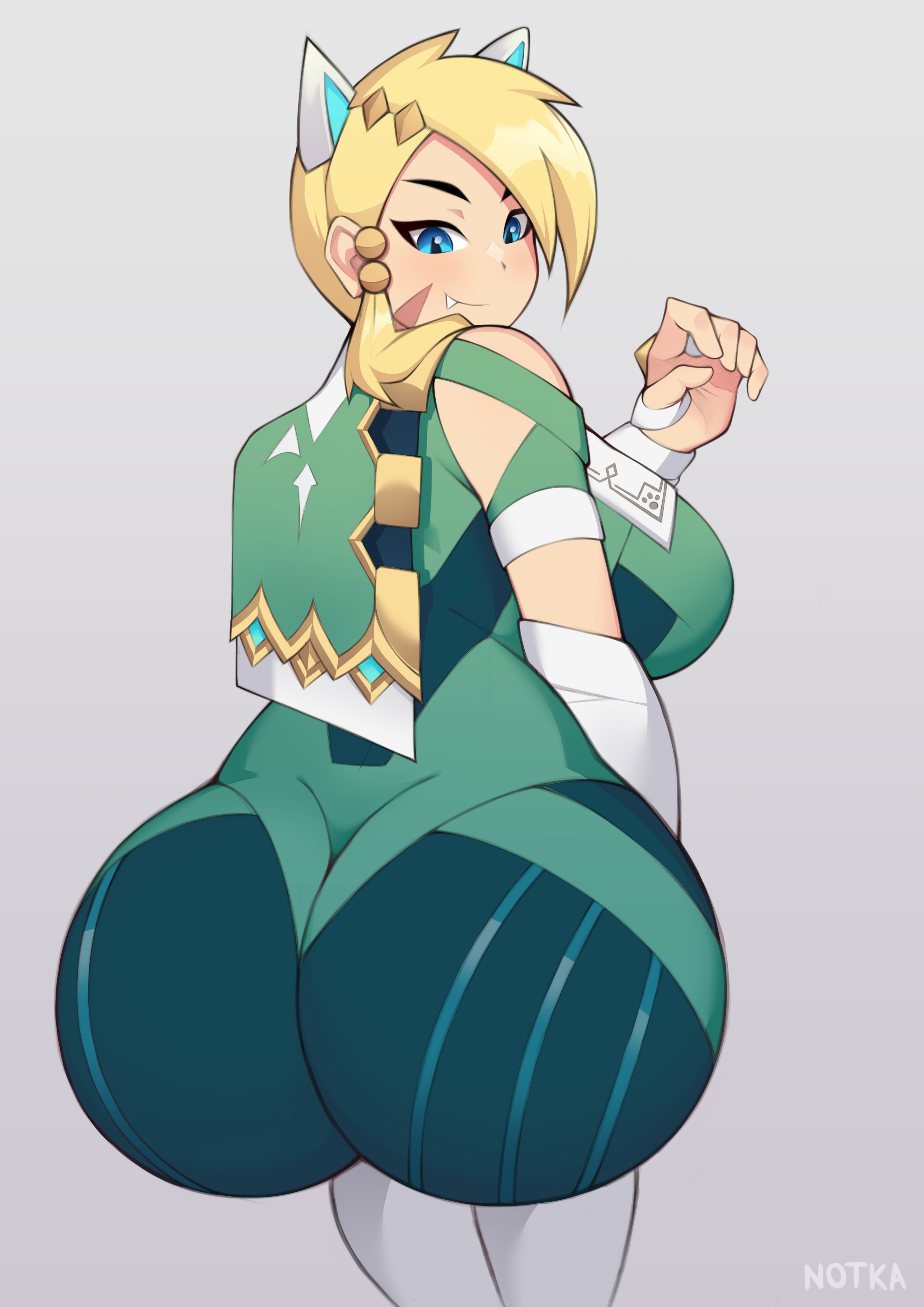 ass, big ass, big butt, blonde hair, cat ears, erisa (fortnite), fangs, fat ass, fortnite, large ass, looking back at viewer, looking over shoulder, notkadraw, scar, smiling, thick ass