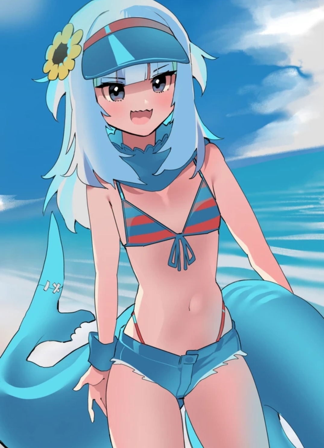 beach, belly button, bikini top, blue eyes, dismassd, female, flat chest, flower in hair, gawr gura, holding object, hololive, hololive english, hololive myth, jean shorts, ocean, shark tail, striped clothing, striped swimsuit, tagme, virtual youtuber, visor