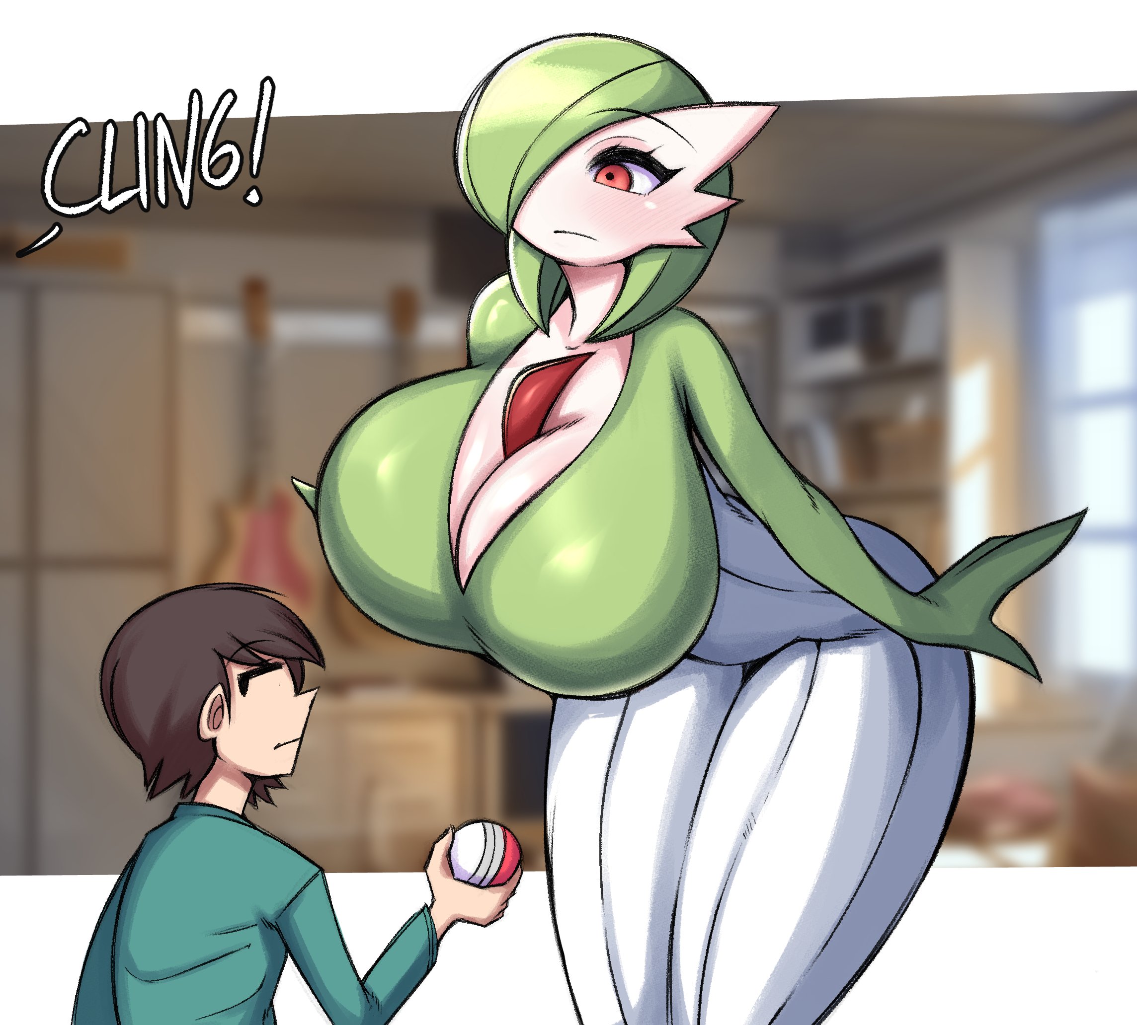 1boy, 1girls, anthro, breasts, dialogue, english text, female, female pokemon, furry, gardevoir, green hair, hair over one eye, height difference, hi res, hips, huge breasts, human, human male, large breasts, male, massive breasts, nintendo, pokémon (species), pokemon, pokemon (species), pokephilia, red eyes, saltyxodium, short hair, text, thick thighs, thighs, wide hips