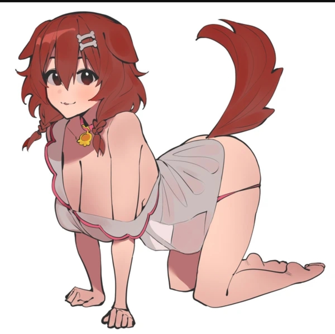 1girls, breasts, dismassd, dog collar, dog ears, dog girl, dog tail, female, hair ornament, hololive, hololive gamers, hololive japan, inugami korone, large breasts, looking at viewer, loose clothes, on hands and knees, panties down, tagme, virtual youtuber, white background