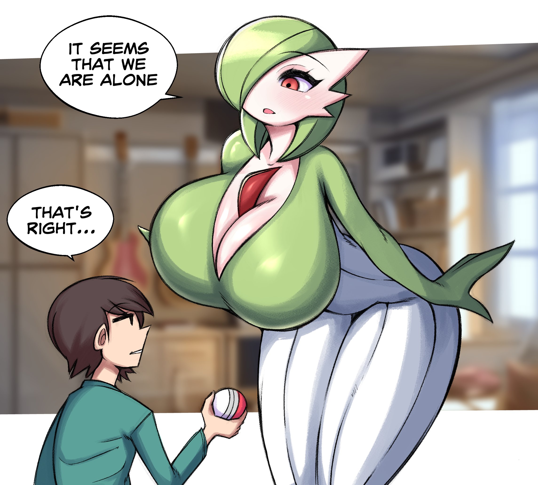 1boy, 1girls, anthro, breasts, dialogue, english text, female, female pokemon, furry, gardevoir, green hair, hair over one eye, height difference, hi res, hips, huge breasts, human, human male, large breasts, male, massive breasts, nintendo, pokémon (species), pokemon, pokemon (species), pokephilia, red eyes, saltyxodium, short hair, text, thick thighs, thighs, wide hips