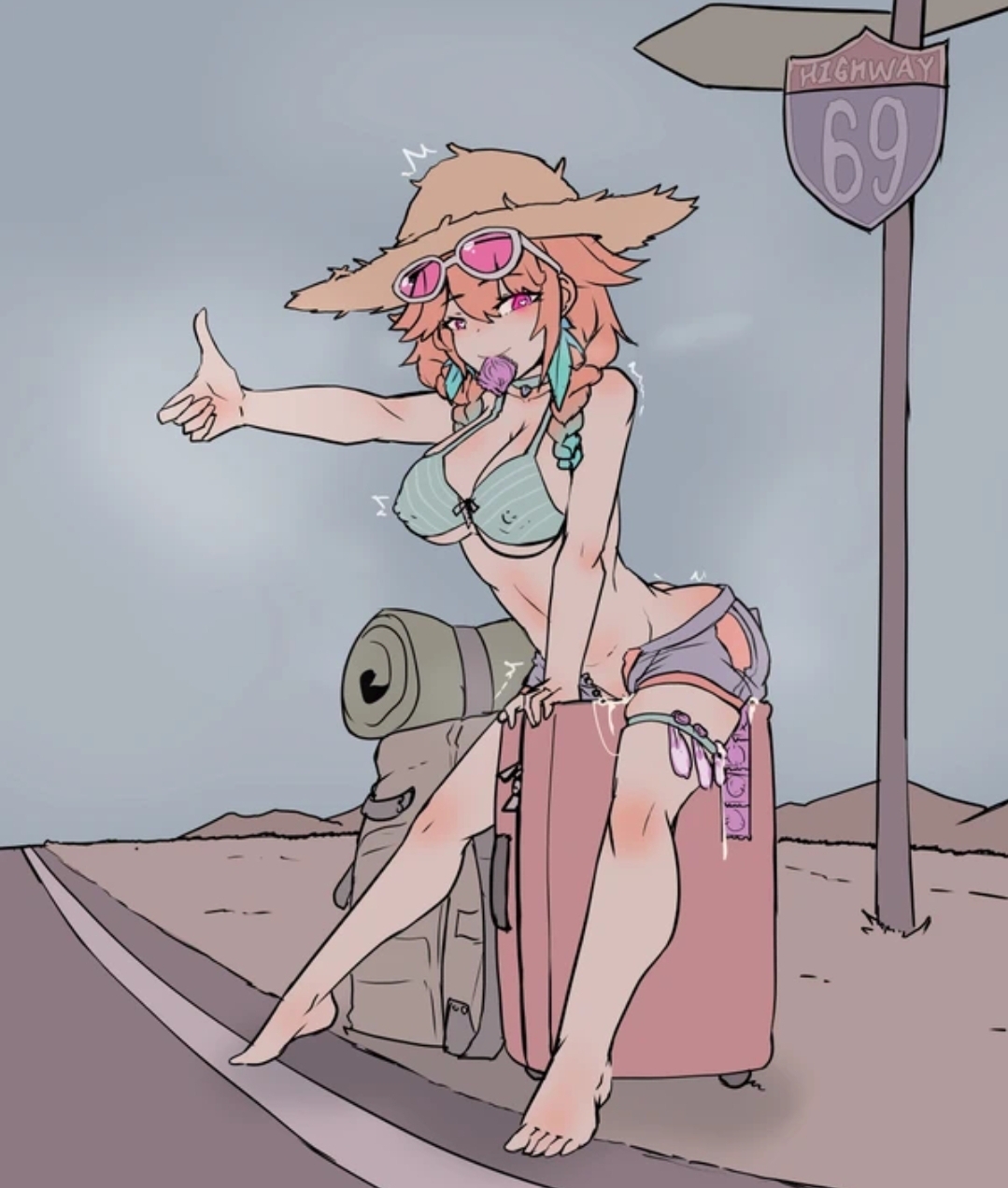 bikini top, blush, braid, braided twintails, breasts, choker, condom, condom wrapper, female, green hair, green highlights, grinding, hitchhiking, hololive, hololive english, hololive myth, large breasts, masturbation, moral cacoethes, nipple bulge, pussy, pussy juice, pussy juice drip, streaked hair, sunglasses on head, tagme, takanashi kiara, takanashi kiara (2nd costume), twintails, two-tone hair, unbuttoned, underboob, used condom, used condoms, virtual youtuber