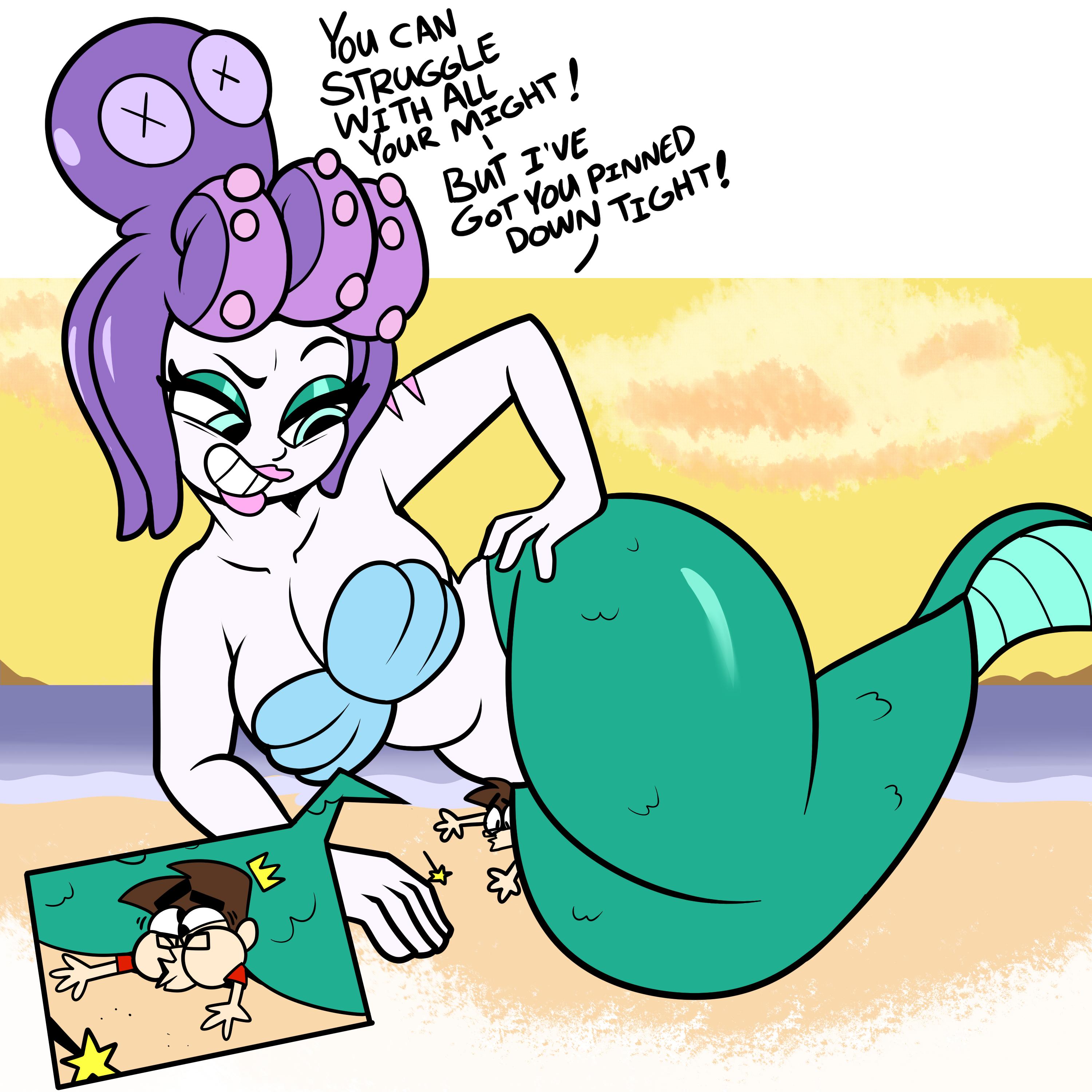 ass, beach, bikini top, blue eyes, breasts, cala maria, commission, cuphead (game), female, giantess, huge ass, huge breasts, looking at another, male, merfolk, mermaid, on top, pale skin, purple hair, smaller male, superspoe, tagme, wide hips