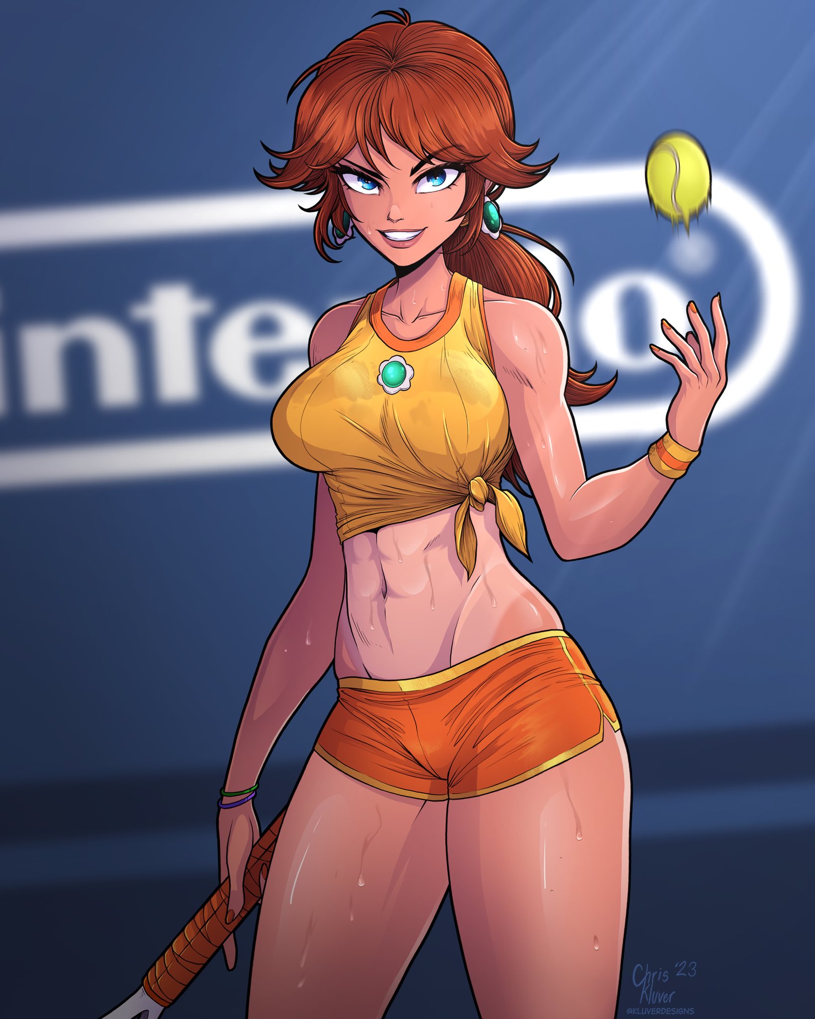 1girls, alternate hairstyle, big breasts, blue eyes, breasts, brown hair, busty, female, female only, kluver designs, large breasts, legs, lipstick, looking at viewer, low ponytail, mario (series), mario tennis, midriff, navel, nintendo, princess, princess daisy, seductive, seductive smile, short hair, shorts, smile, solo, sweat, tan, tanline, tennis ball, tennis racket, thighs, tied shirt, tomboy, toned, voluptuous