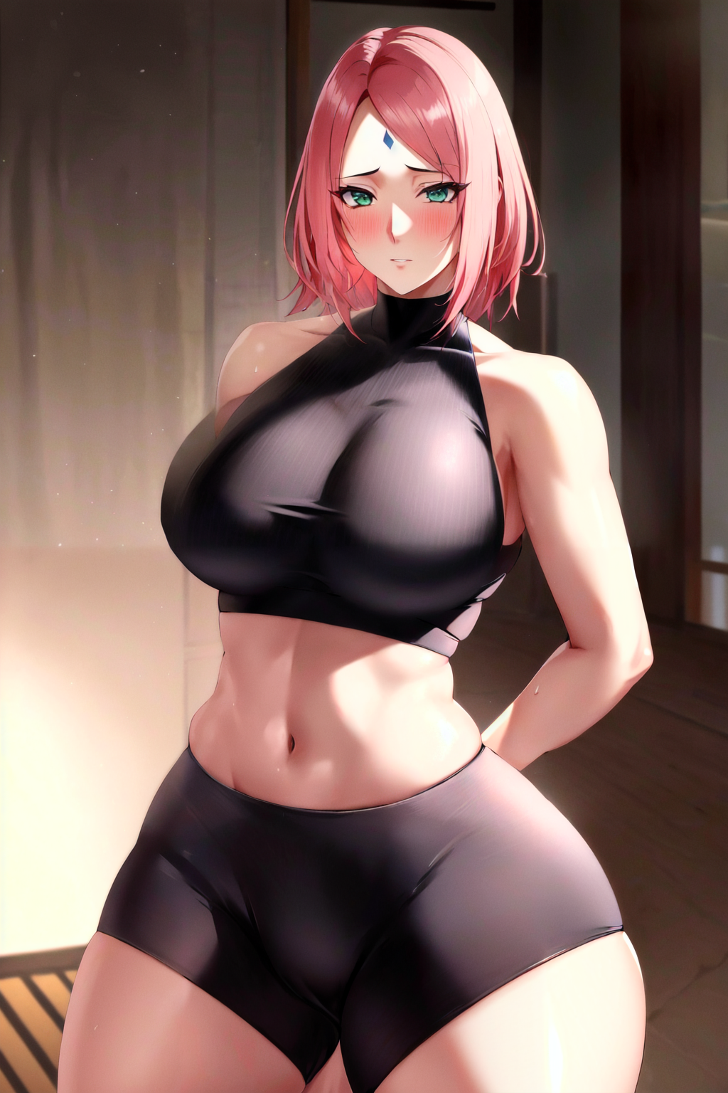 1girls, ai generated, breasts, curvy body, curvy figure, female, female only, green eyes, huge breasts, looking at viewer, naruto, naruto (series), naruto: the last, pink hair, sakura haruno, short hair, solo female, solo focus, stable diffusion, voluptuous, voluptuous female