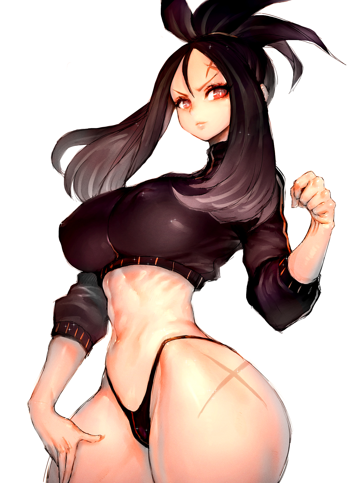 1girls, abs, black hair, breasts, crop top, dendra (pokemon), facial scar, female, fumio (rsqkr), game freak, large breasts, light skin, light-skinned female, long hair, midriff, navel, nintendo, panties, pokemon, pokemon sv, scar, simple background, slim waist, thick thighs, wide hips