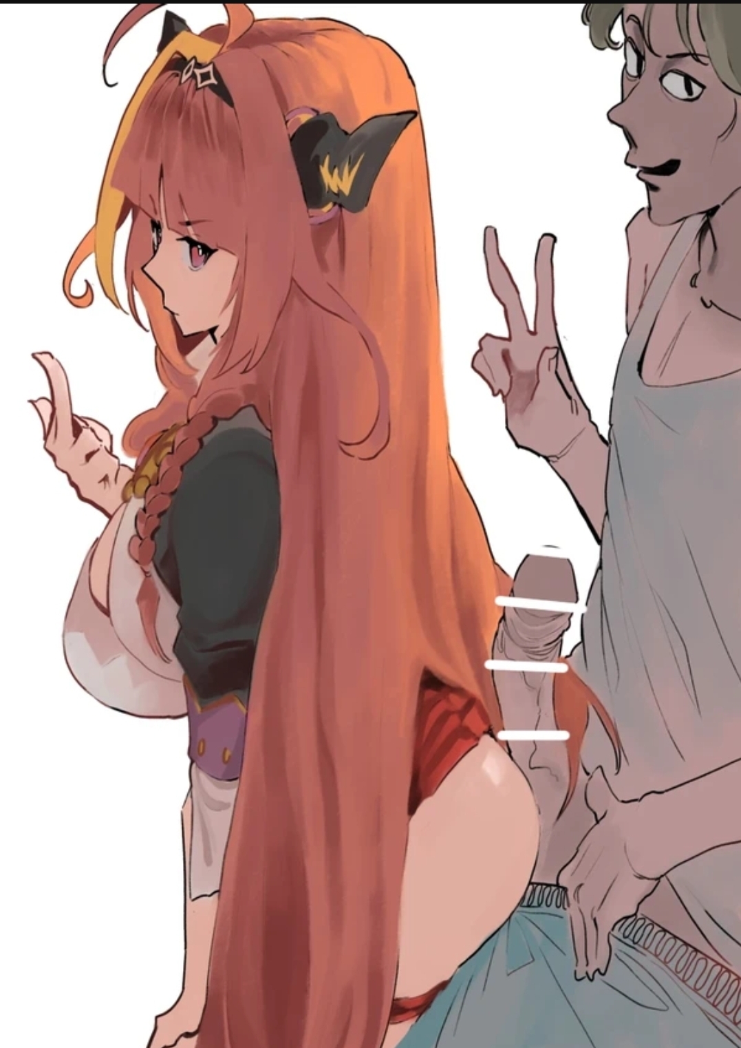 1boy, 1girls, ahoge, ass, breasts, dismassd, dragon girl, female, holoforce, hololive, hololive japan, horns, huge breasts, huge cock, imminent sex, kiryu coco, long hair, looking at viewer, male, middle finger, miniskirt, orange hair, penis, penis on ass, skirt, tagme, virtual youtuber