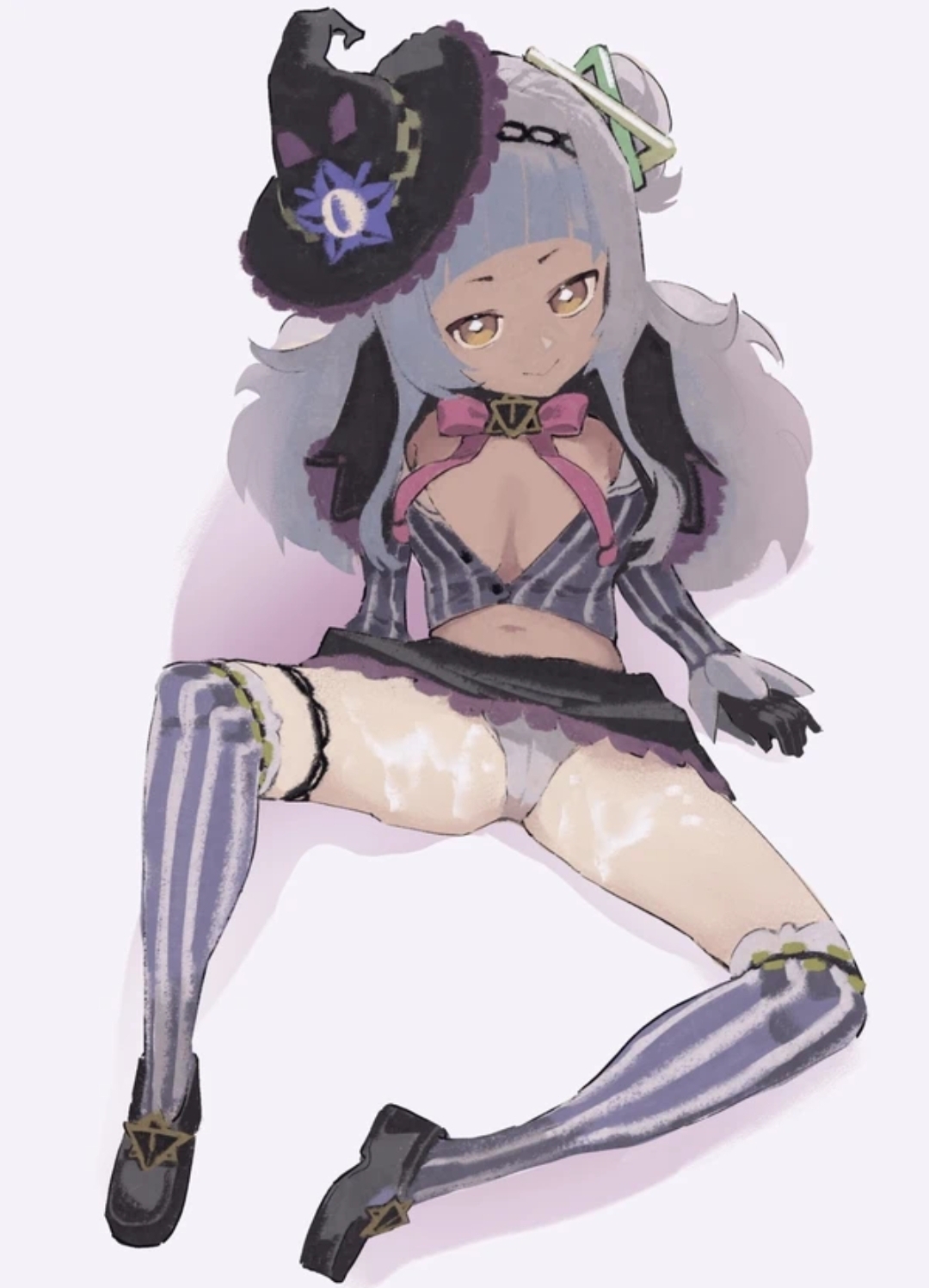 breasts, cleavage, cum, cum on thighs, dismassd, female, gloves, hat, hololive, hololive gen 2, hololive japan, lavender hair, long hair, microskirt, midriff, murasaki shion, panties, small breasts, spread legs, tagme, thighhighs, virtual youtuber, witch hat, yellow eyes