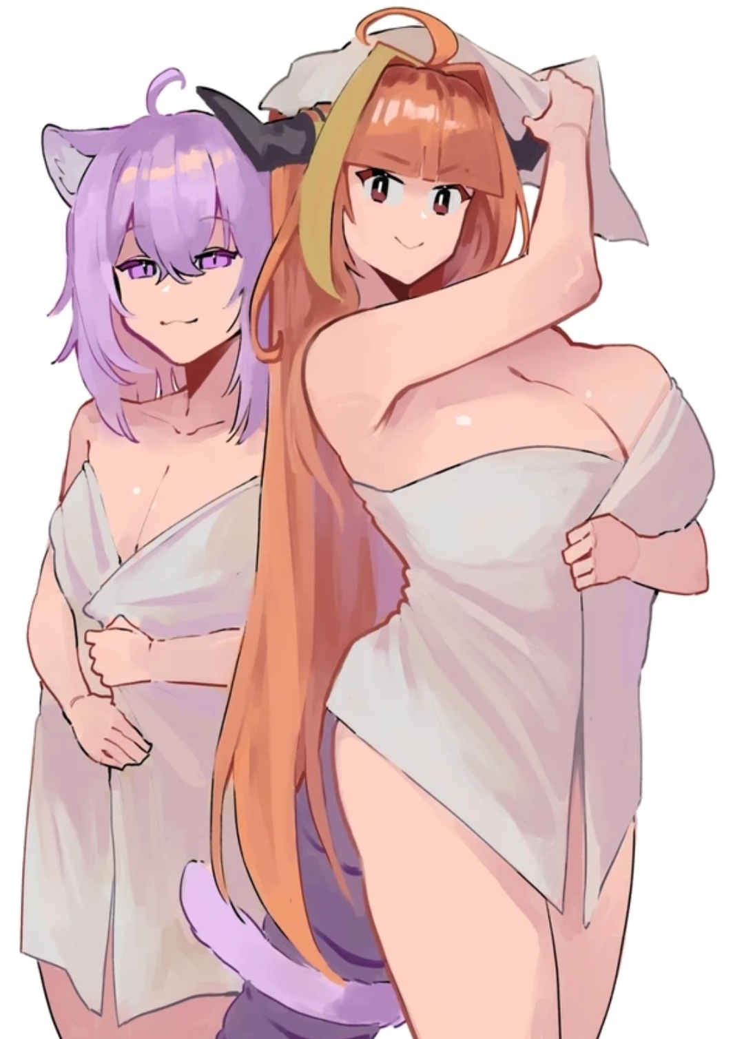 2girls, ahoge, blunt bangs, breasts, cat ears, cat tail, cleavage, dismassd, dragon girl, dragon horns, dragon tail, female, female only, holoforce, hololive, hololive gamers, hololive japan, huge breasts, kiryu coco, large breasts, looking at viewer, multiple females, multiple girls, nekomata okayu, orange hair, purple eyes, purple hair, smirking, thick thighs, towel, towel only, virtual youtuber