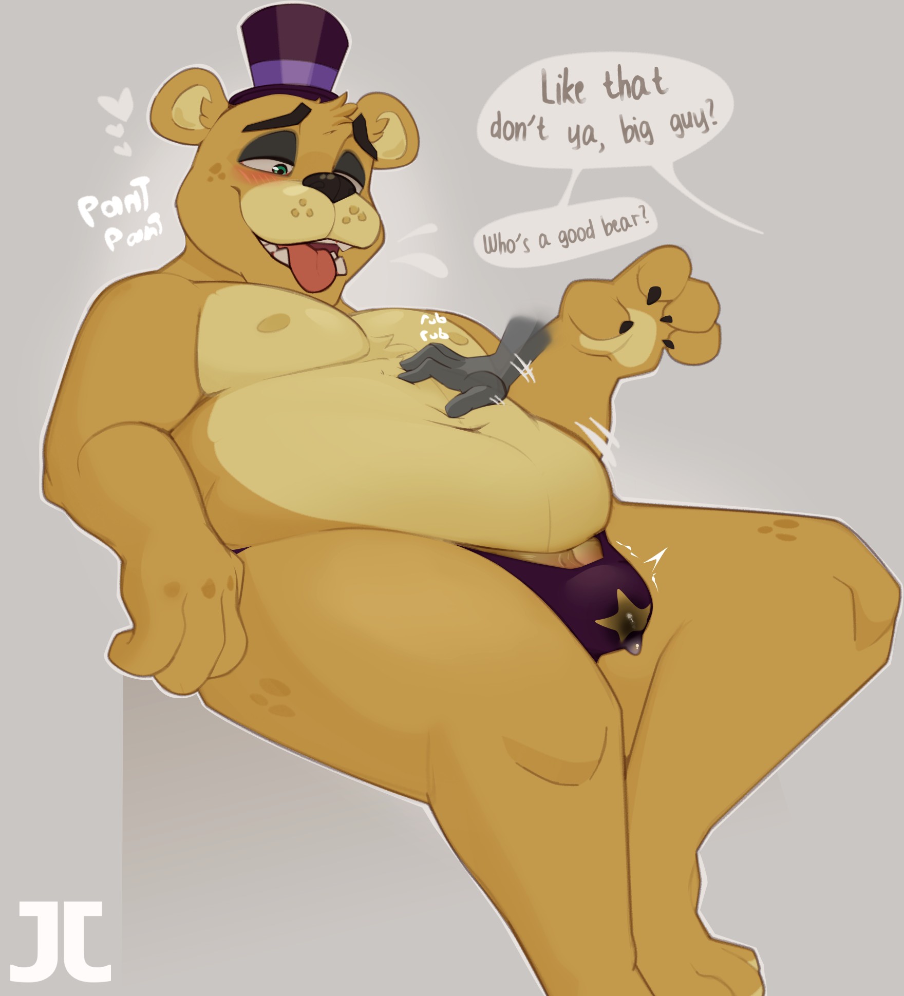 1boy, anon, anthro, bear, blush, bulge, bulge through clothing, chubby, faceless character, five nights at freddy's, five nights at freddy's 4, fnaf, fredbear (fnaf), fredbears family diner, fur, furry, hi res, jumpy jackal, looking pleasured, male, male only, male/male, partially clothed, simple background