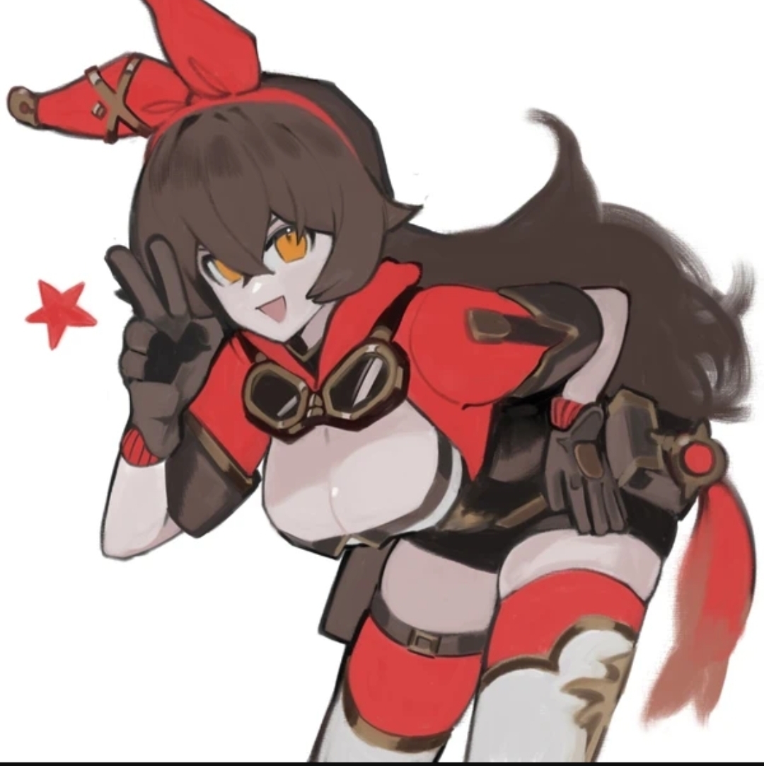 amber (genshin impact), breasts, brown hair, bunny ears, cleavage, dismassd, female, genshin impact, gloves, large breasts, leaning forward, long hair, peace sign, shorts, tagme, thighhighs, thighs, v, yellow eyes