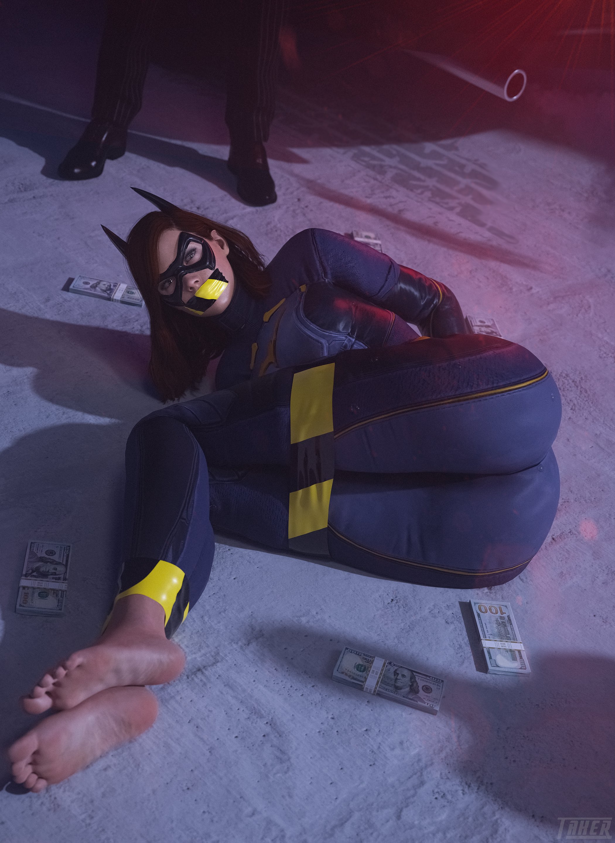 1girls, 3d, ass, barbara gordon, barefoot, batgirl, batgirl (gotham knights), batman (series), bondage, bound, clothed, dc, dc comics, defeated heroine, defeated superheroine, domino mask, feet, female, gotham knights, helpless, helpless superheroine, hi res, long hair, male, masked, money, red hair, restrained, soles, solo focus, superheroine, takerskiy, tied, tight clothing, white skin