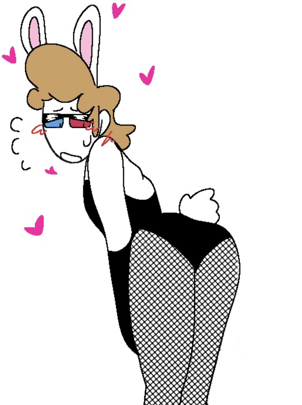 3d_glasses ass_focus ass_up blonde_hair blush bunny_boy bunny_ears bunny_tail bunnysuit crossdressing fishnets hearts looking_at_ass male_only nervous nervous_face nervous_sweat radford_(spooky_month) simple_drawing spooky_month unknown_artist white_skin