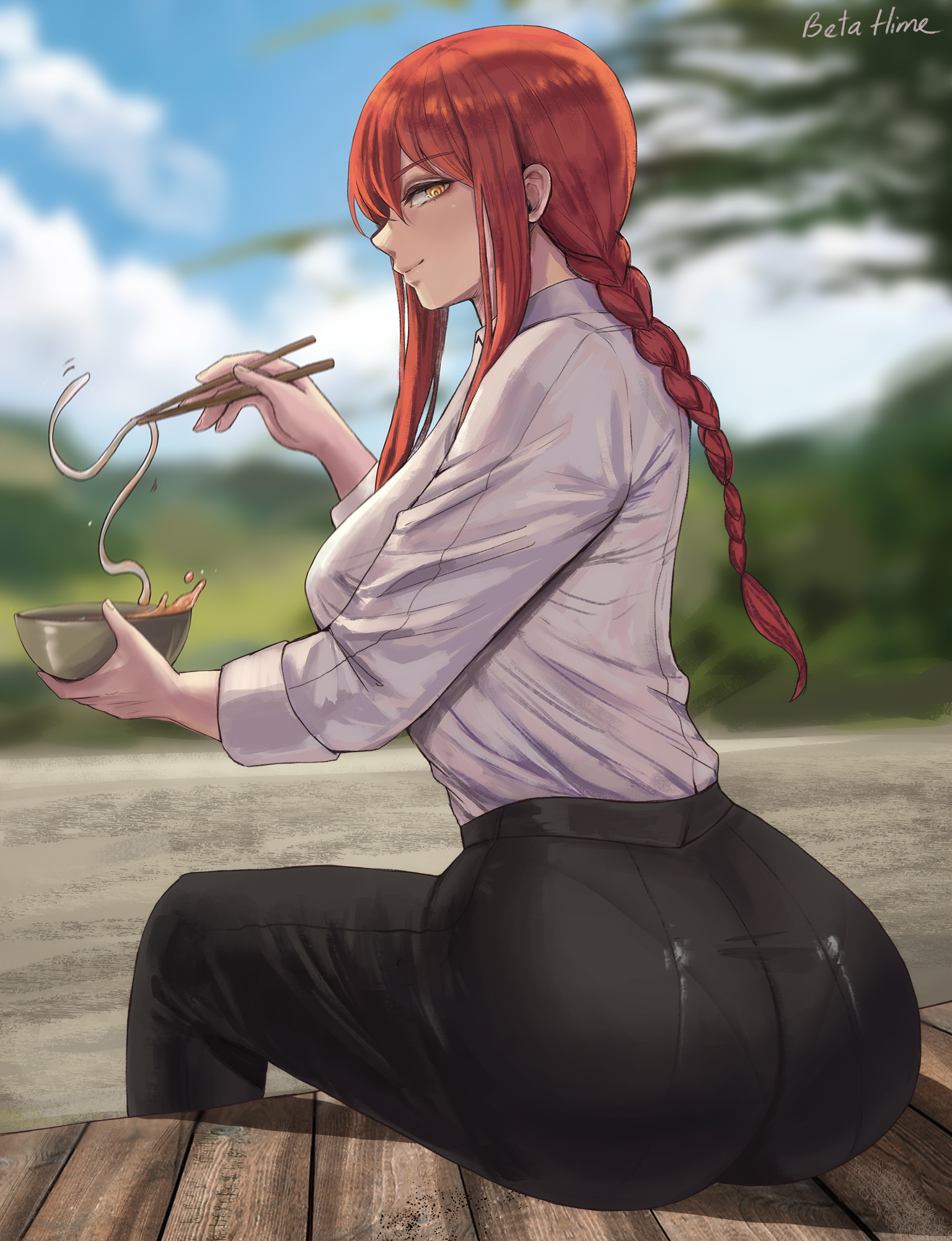 1girls, ass, ass focus, betahimeko, big ass, black pants, bottomwear, bowl, braid, breasts, chainsaw man, cutesexyrobutts (style), female, female only, holding object, huge ass, makima (chainsaw man), pants, pantylines, red hair, shirt, solo, solo female, thighs, topwear, white shirt, yellow eyes