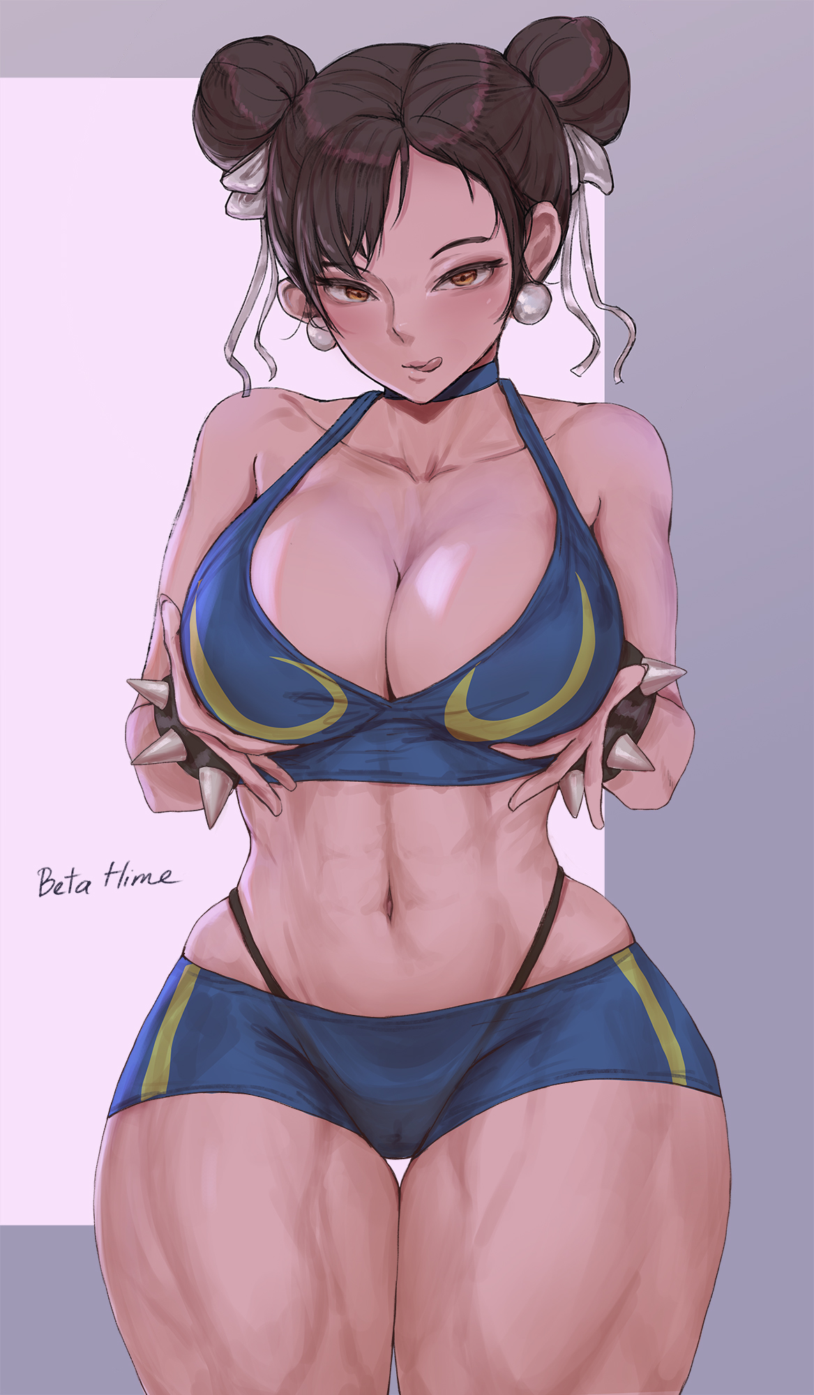 1girls, abs, armwear, betahimeko, big breasts, black thong, breasts, brown hair, capcom, chun-li, cleavage, cutesexyrobutts (style), double bun, ear piercing, earrings, female, female only, hair, hands on breasts, huge breasts, hyper thighs, looking at viewer, massive thighs, solo, solo female, spiked bracelet, sportswear, street fighter, thick thighs, thighs, thong, thunder thighs, toned, toned female, tongue, tongue out, yellow eyes