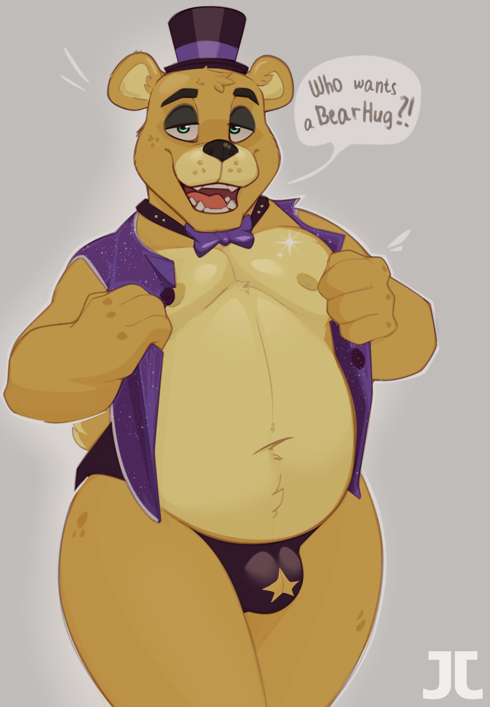 1boy, anthro, bear, chubby, five nights at freddy's, five nights at freddy's 4, fnaf, fredbear (fnaf), fredbears family diner, fur, furry, gay, green eyes, hi res, humanoid, jumpy jackal, looking at viewer, male, male only, partially clothed, simple background, solo, solo focus